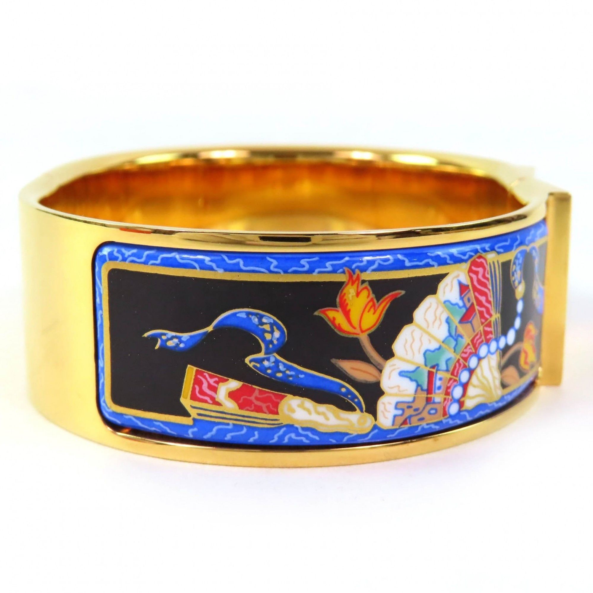 Hermes HERMES Roque Enamelled GM Fan Pattern Cloisonné Bangle Bracelet in Gold and Multicolor, with Box, for Women Size ONE SIZE - 4 Thumbnail