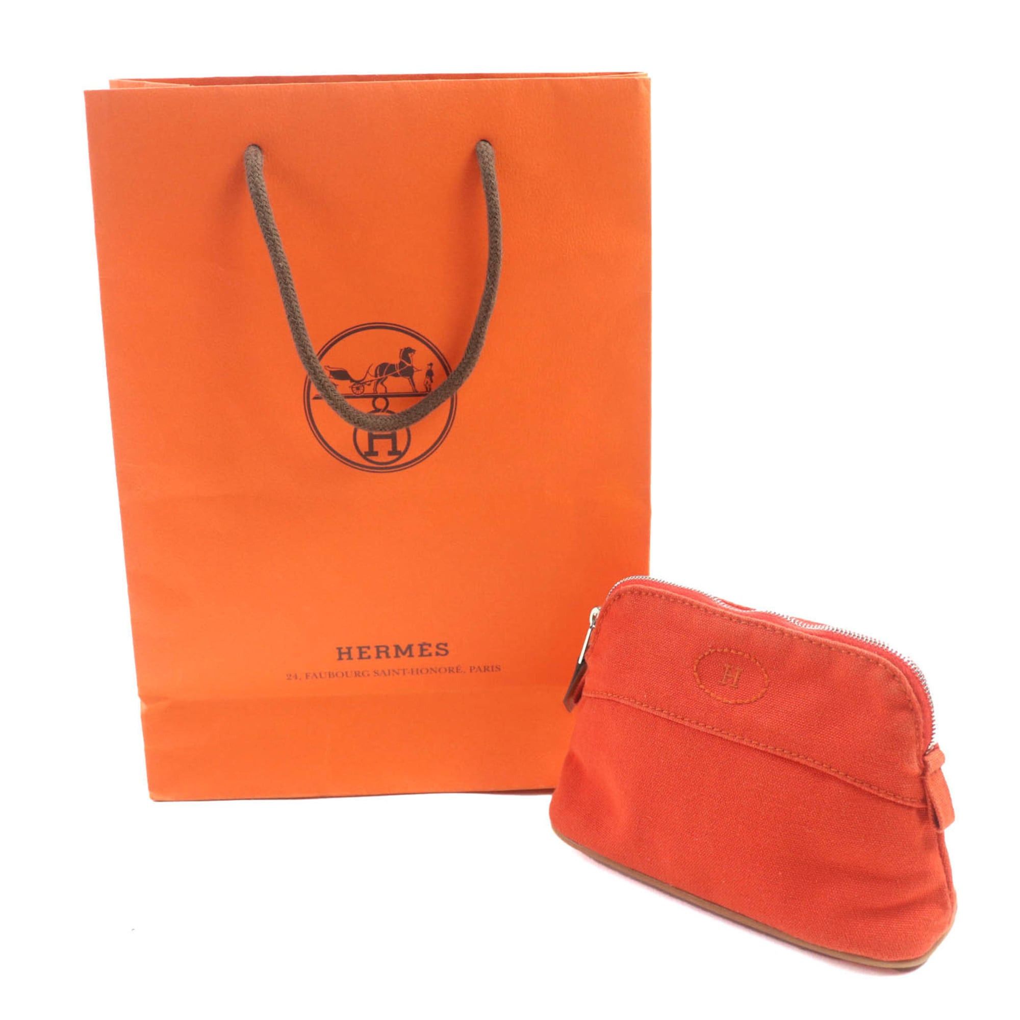 Hermes HERMES Bolide Mini Pouch, 100% Cotton with Embroidered H Logo and Leather Accents, Orange, Made in France, Women's Size ONE SIZE - 2 Thumbnail