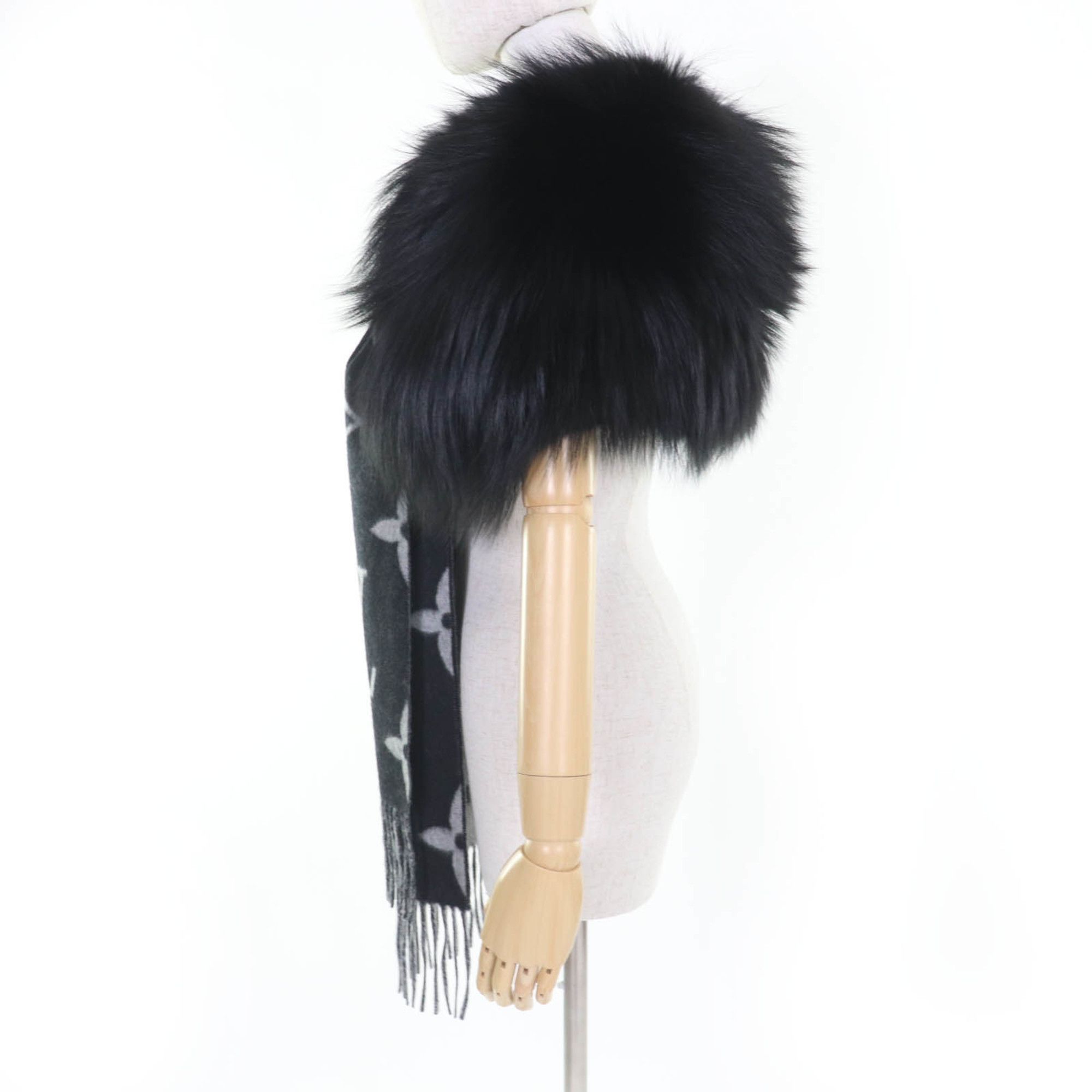 Louis Vuitton LOUIS VUITTON 2017 Louis Vuitton Echarpe Reykjavik Fur Scarf, M70721, 100% Cashmere and Fox with Fringe, Black, Made in Italy, Authentic, Women's Size ONE SIZE - 3 Thumbnail
