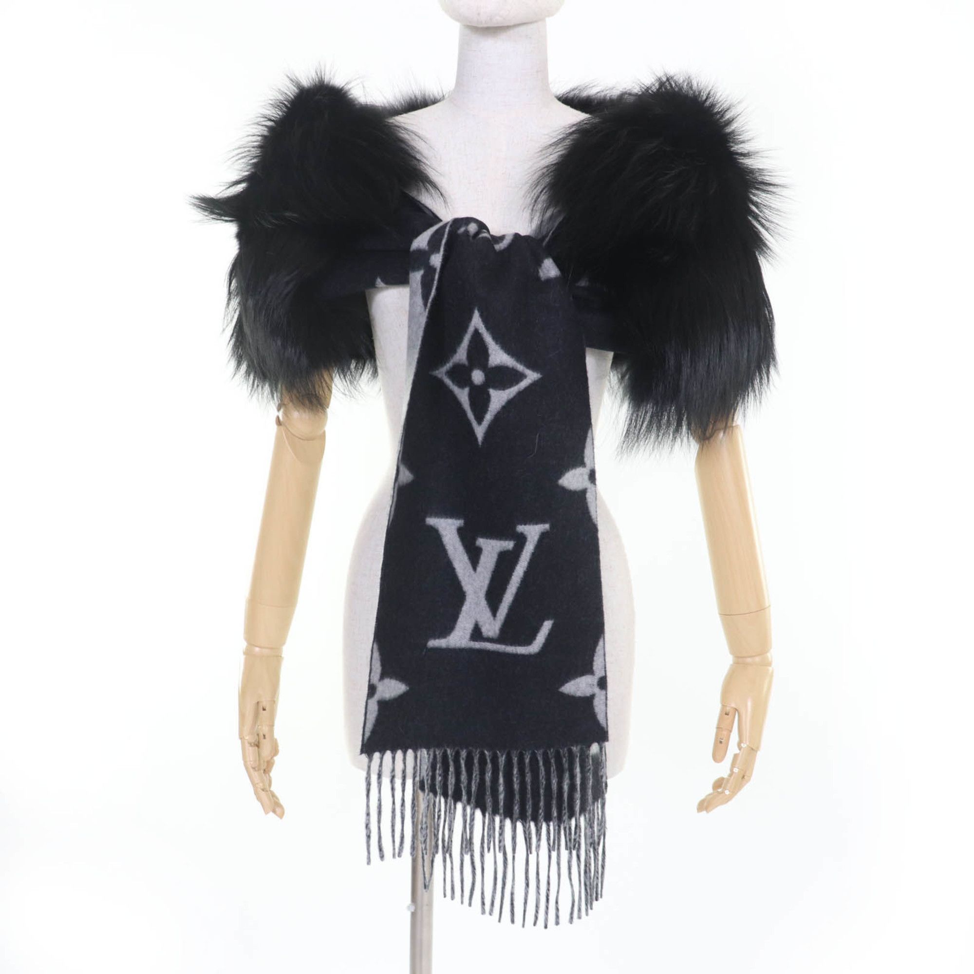 Louis Vuitton LOUIS VUITTON 2017 Louis Vuitton Echarpe Reykjavik Fur Scarf, M70721, 100% Cashmere and Fox with Fringe, Black, Made in Italy, Authentic, Women's Size ONE SIZE - 2 Thumbnail