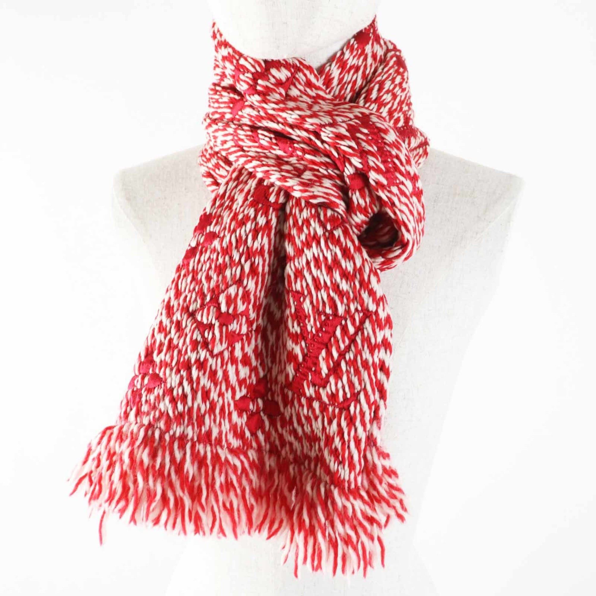 Louis Vuitton LOUIS VUITTON M70424 Echarpe Logomania Mix Wool and Silk Knit Scarf with Fringe, Red White, Made in Italy, Authentic, Women's Size ONE SIZE - 3 Thumbnail