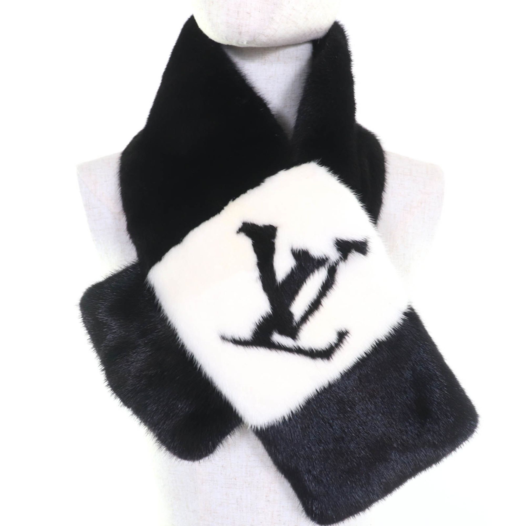 Louis Vuitton LOUIS VUITTON M77866 Echarpe Gaugram LV Logo Mink Fur Scarf/Tippet Shawl in Black and White with Box, Made Italy, Authentic, Women's Size ONE SIZE - 3 Thumbnail