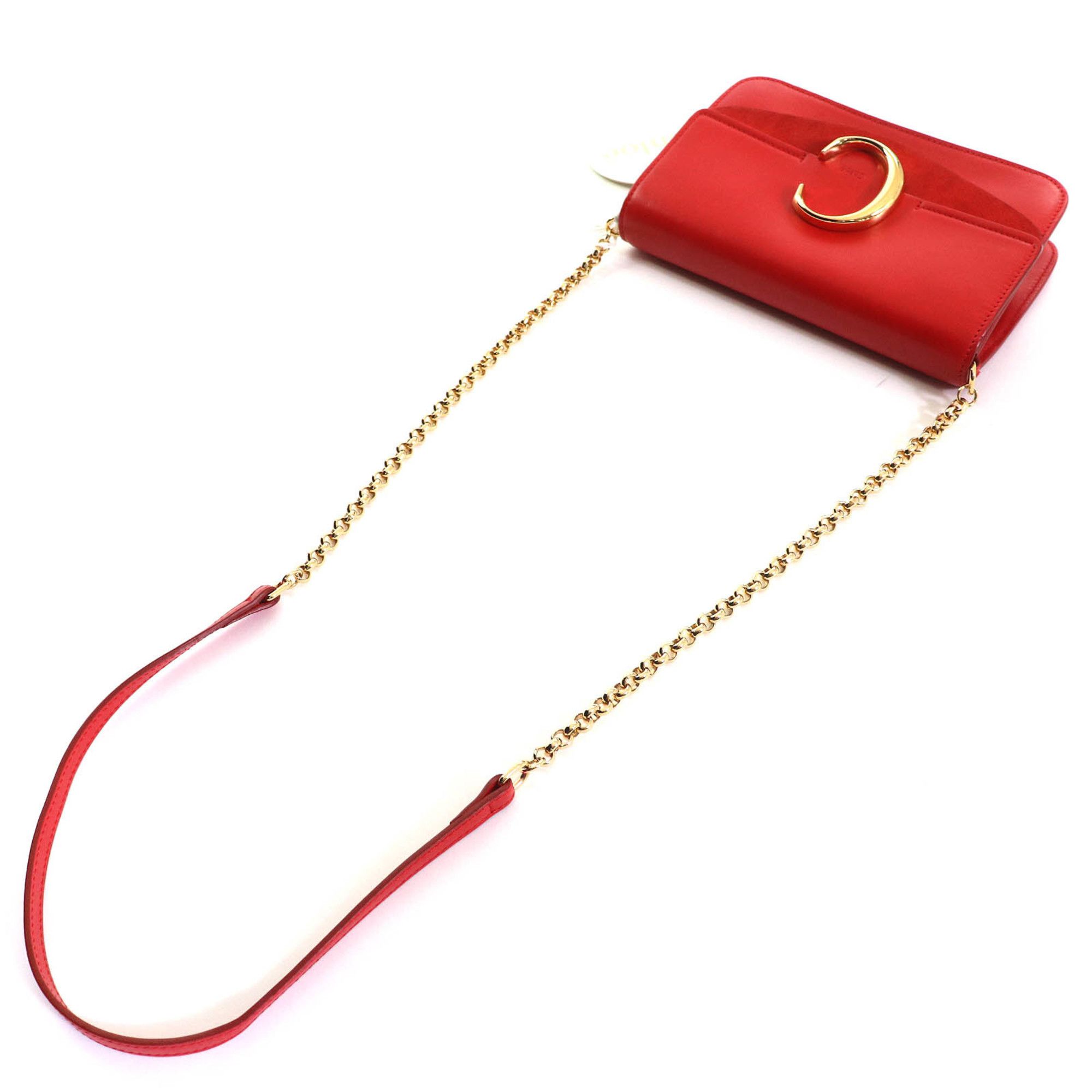 Chloe Chloé Chloe CHC19SS192A37640 C logo suede leather and chain shoulder bag in red with gold hardware. Includes dust bag. Made Italy. Size ONE SIZE - 4 Thumbnail