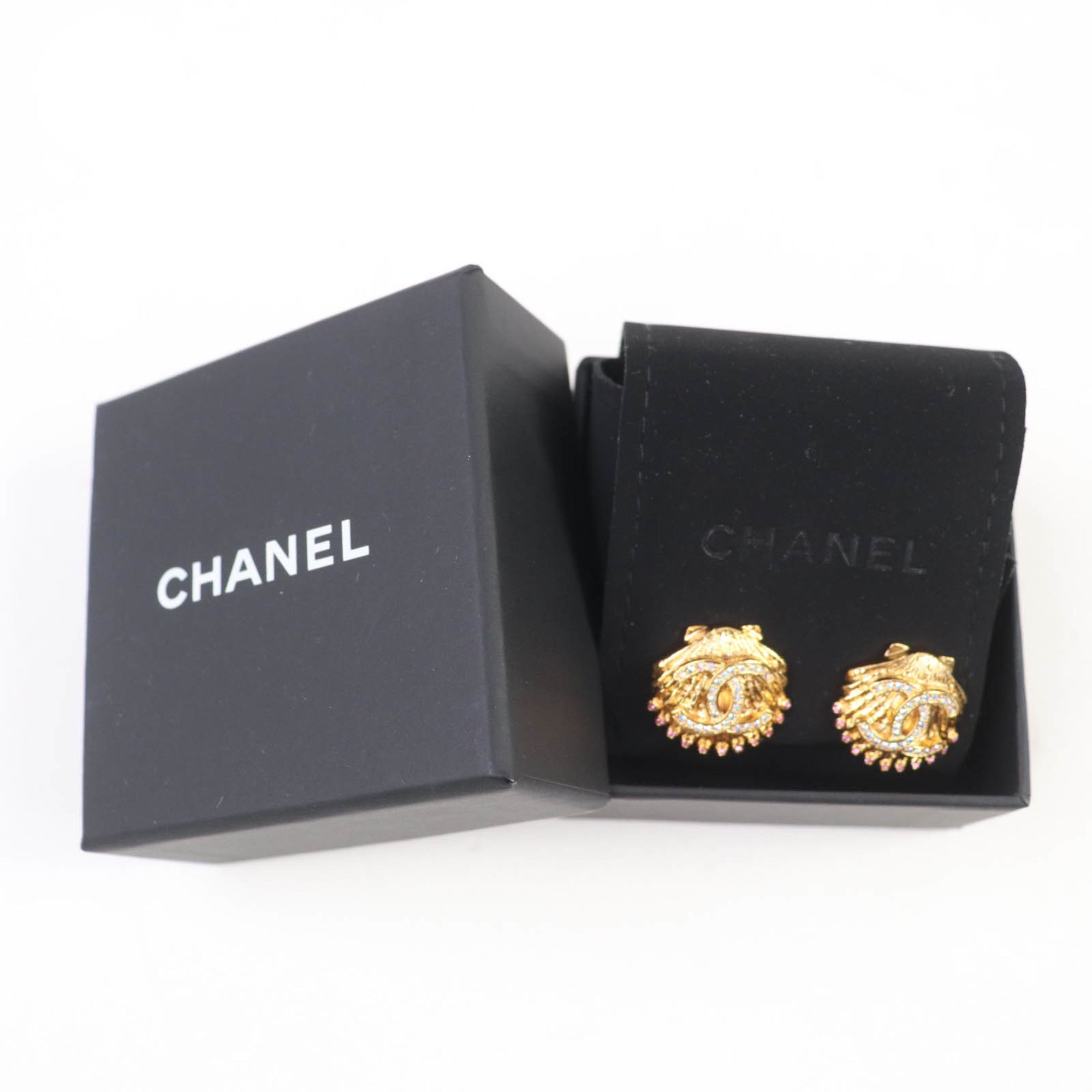 Chanel CHANEL G23C Coco Mark Rhinestone Shell Design Earrings, Gold, with Box, Made in France, Women's Size ONE SIZE - 2 Thumbnail