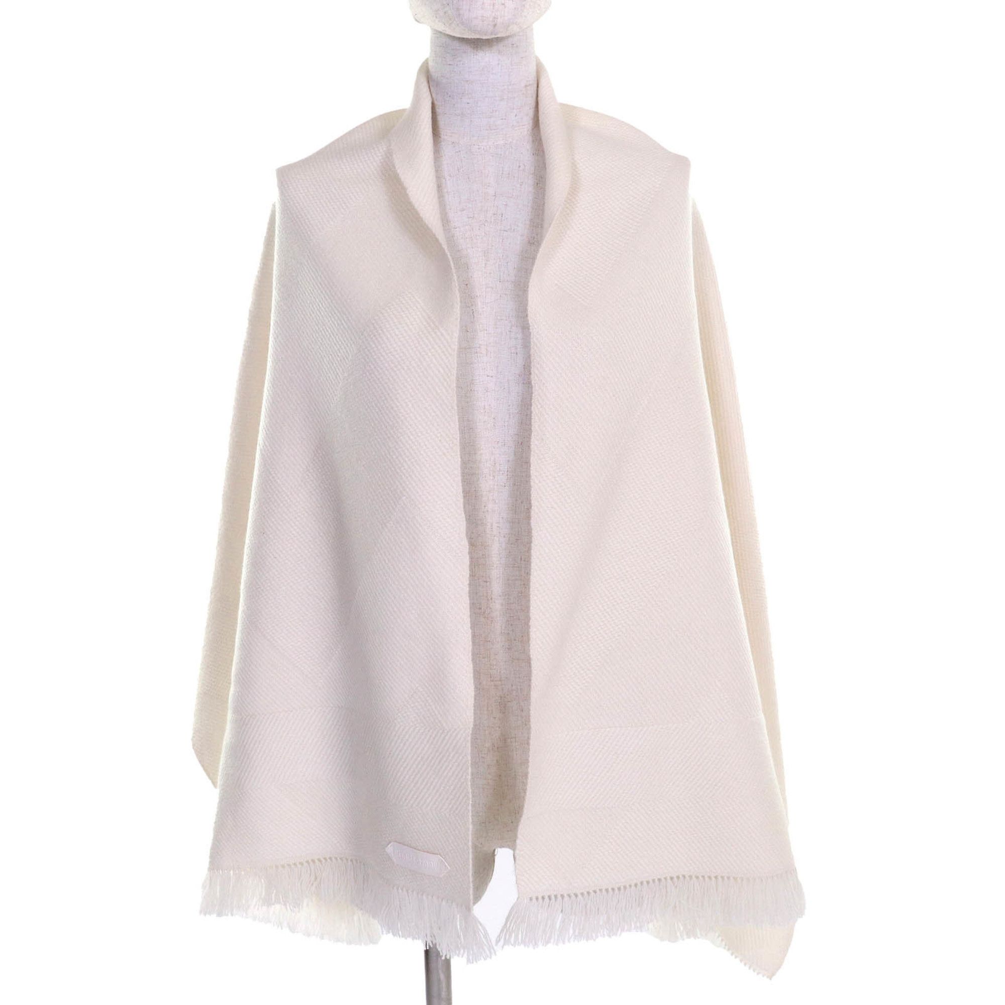 Hermes HERMES Chevron Zoom 100% Cashmere Fringe Shawl/Scarf with Leather Logo Patch, Ivory, Made in Nepal, Women's Size ONE SIZE - 3 Thumbnail