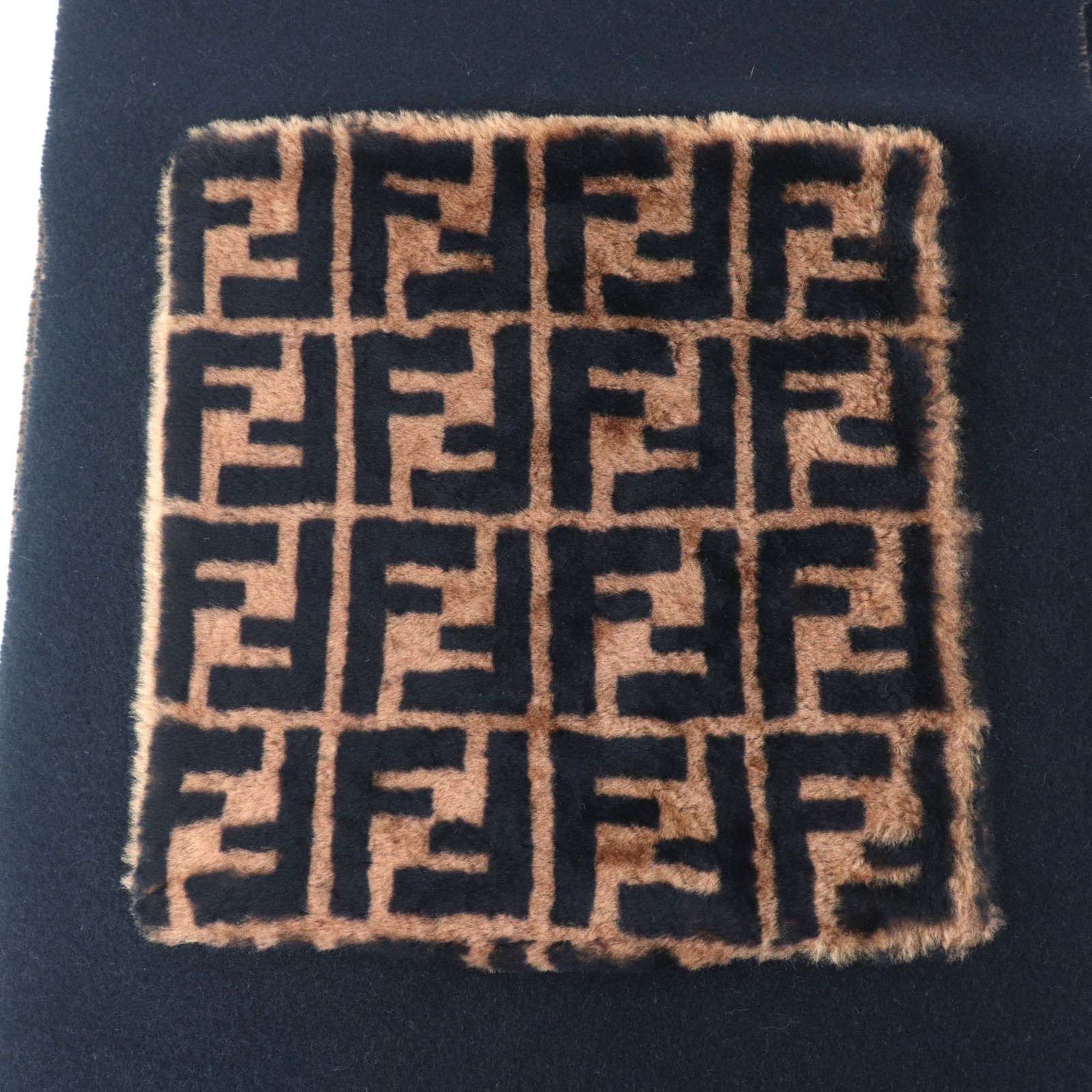 Fendi FENDI FXT252 Cashmere Blend Zucca Print Scarf with Fur Pocket and Fringe, Black/Brown, Includes Dust Bag, Made in Italy, Women's Size ONE SIZE - 8 Thumbnail
