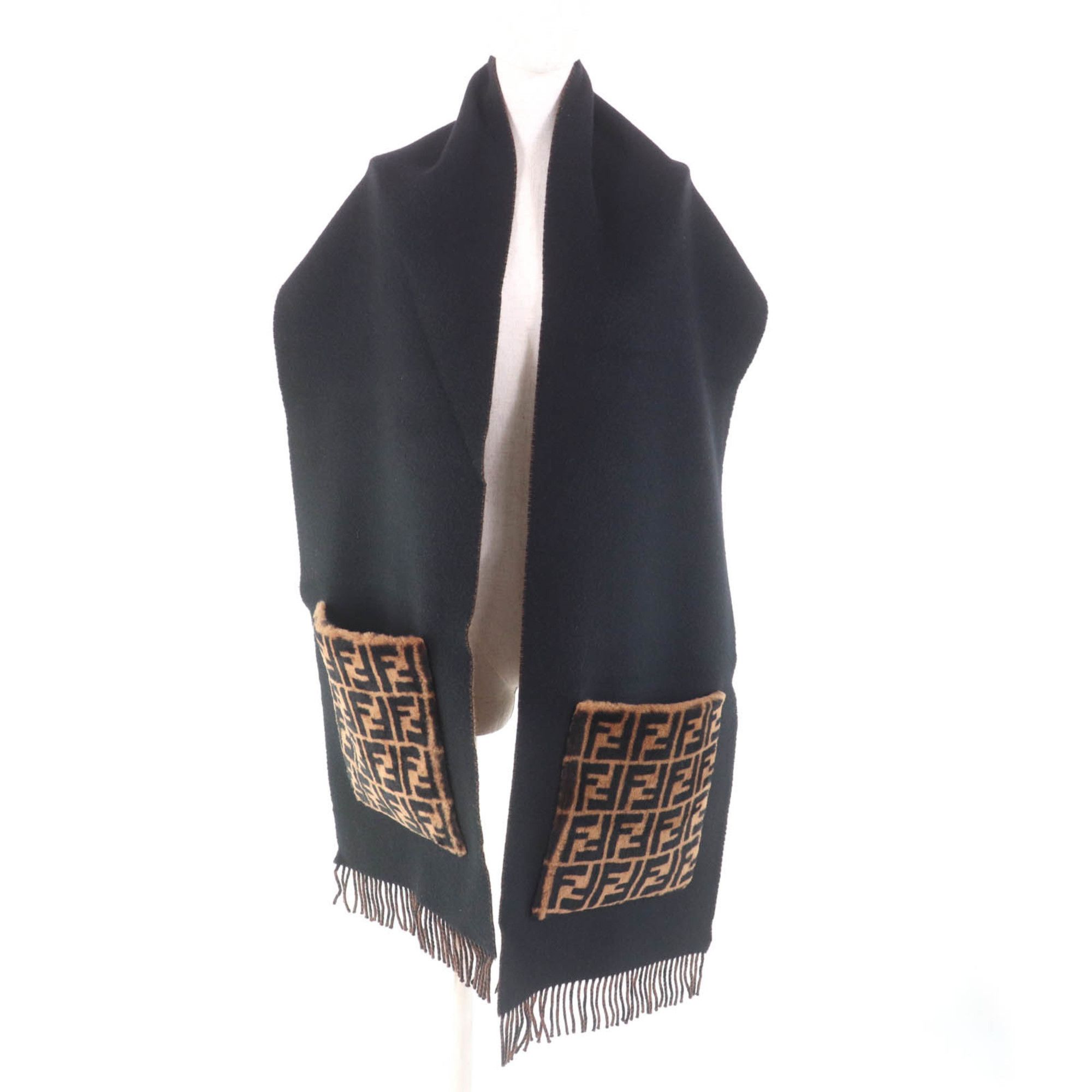 Fendi FENDI FXT252 Cashmere Blend Zucca Print Scarf with Fur Pocket and Fringe, Black/Brown, Includes Dust Bag, Made in Italy, Women's Size ONE SIZE - 3 Thumbnail