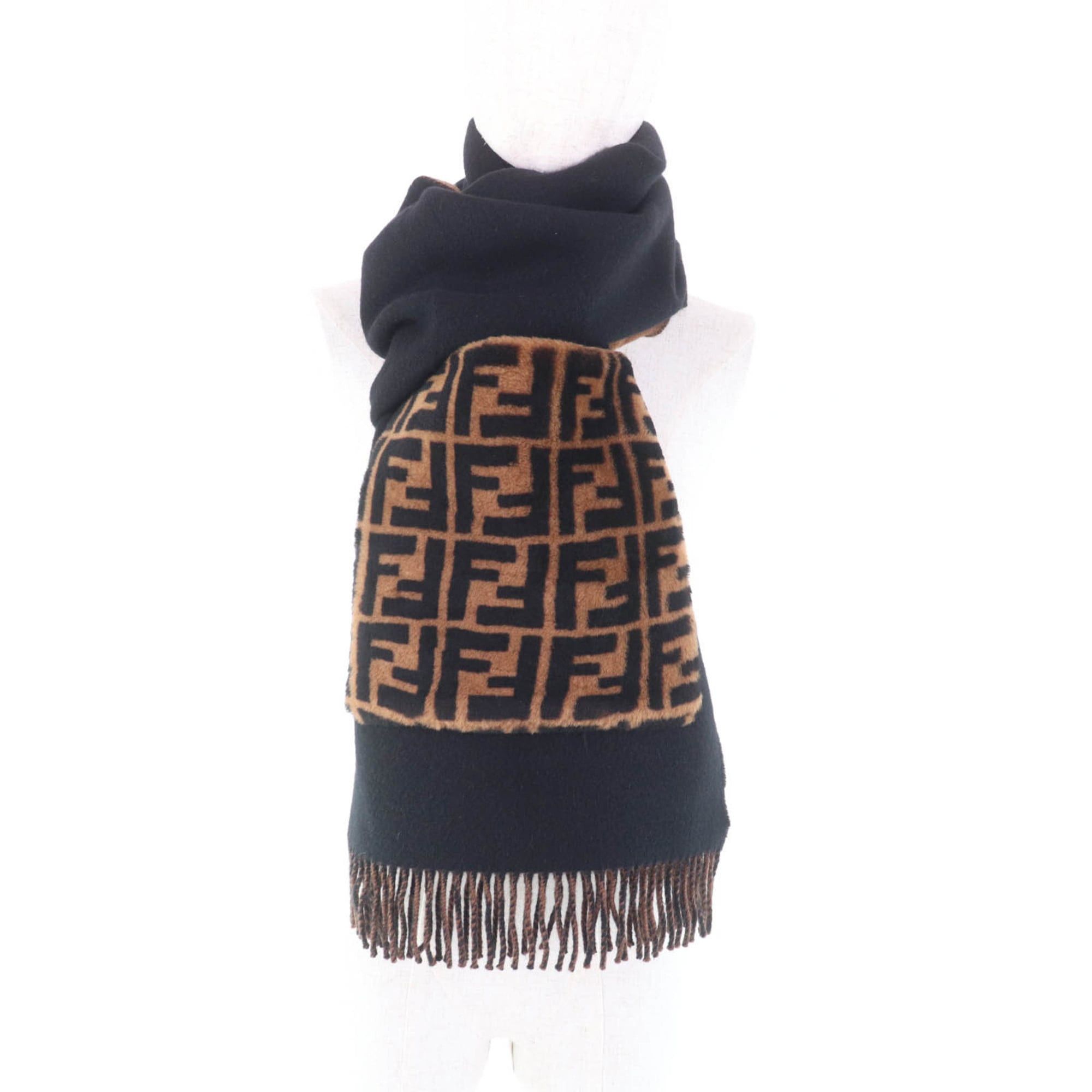 Fendi FENDI FXT252 Cashmere Blend Zucca Print Scarf with Fur Pocket and Fringe, Black/Brown, Includes Dust Bag, Made in Italy, Women's Size ONE SIZE - 6 Thumbnail