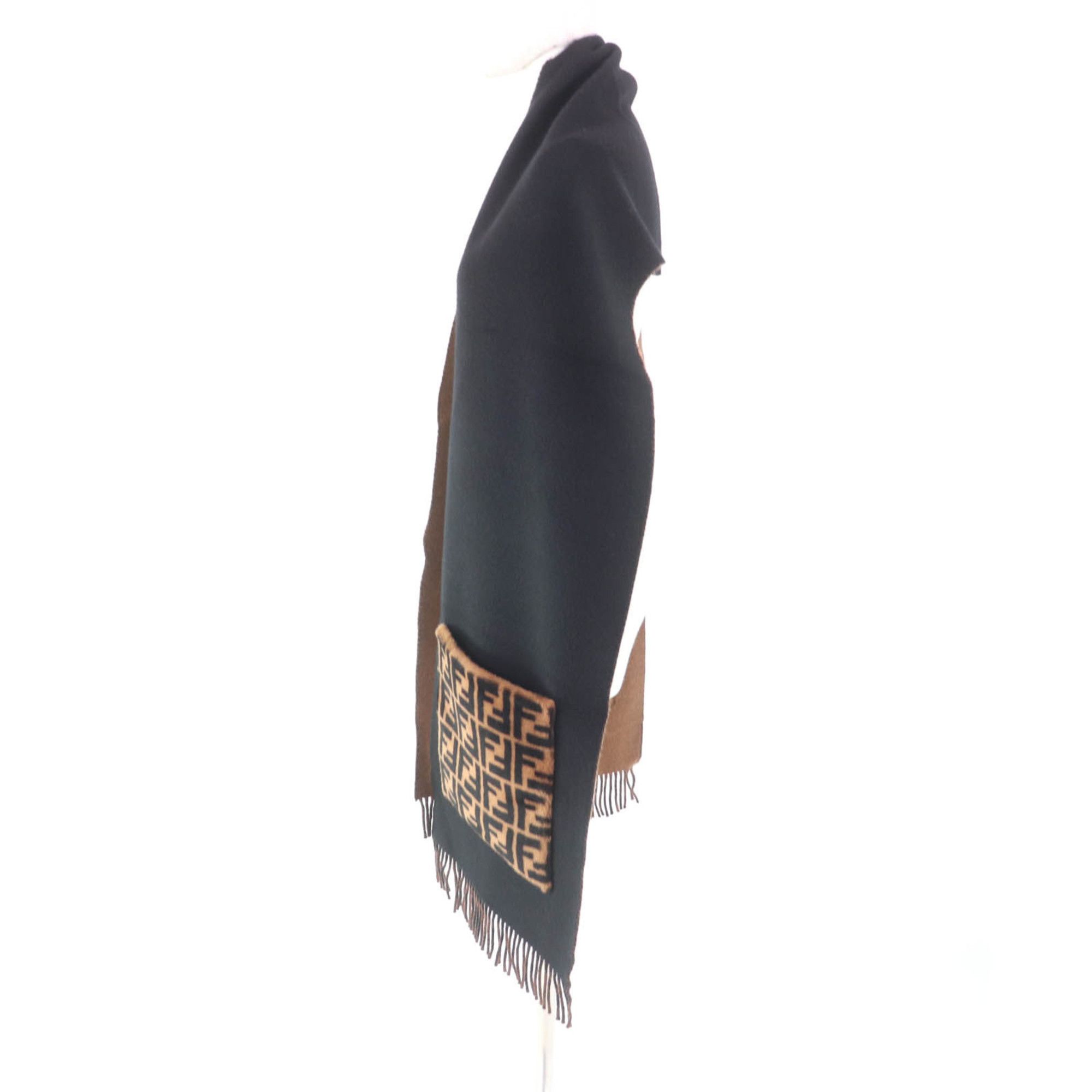 Fendi FENDI FXT252 Cashmere Blend Zucca Print Scarf with Fur Pocket and Fringe, Black/Brown, Includes Dust Bag, Made in Italy, Women's Size ONE SIZE - 4 Thumbnail