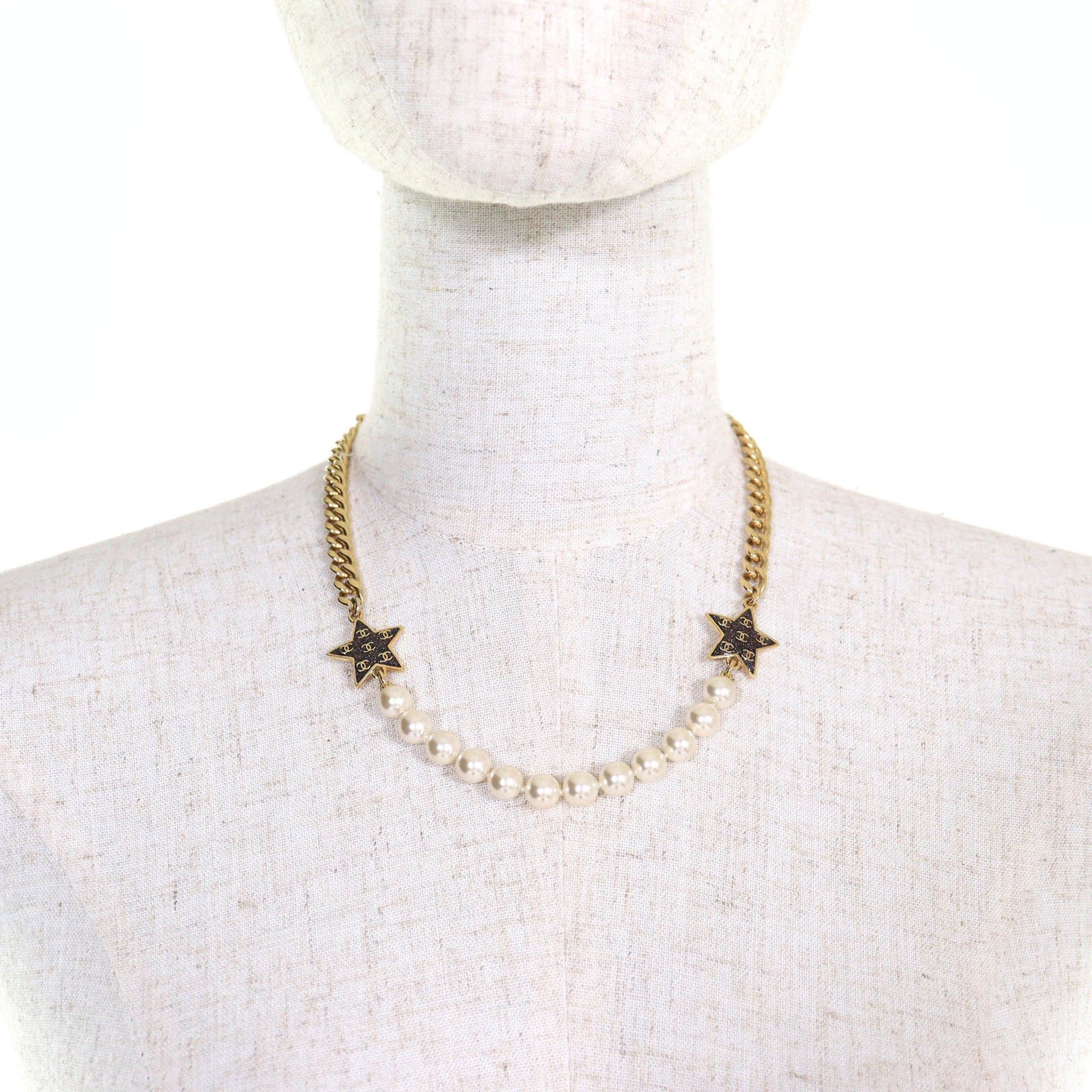 Chanel CHANEL C24C Coco Mark Star Glitter Pearl Choker Necklace, Gold and White, Made in Italy, Women's Size ONE SIZE - 2 Thumbnail