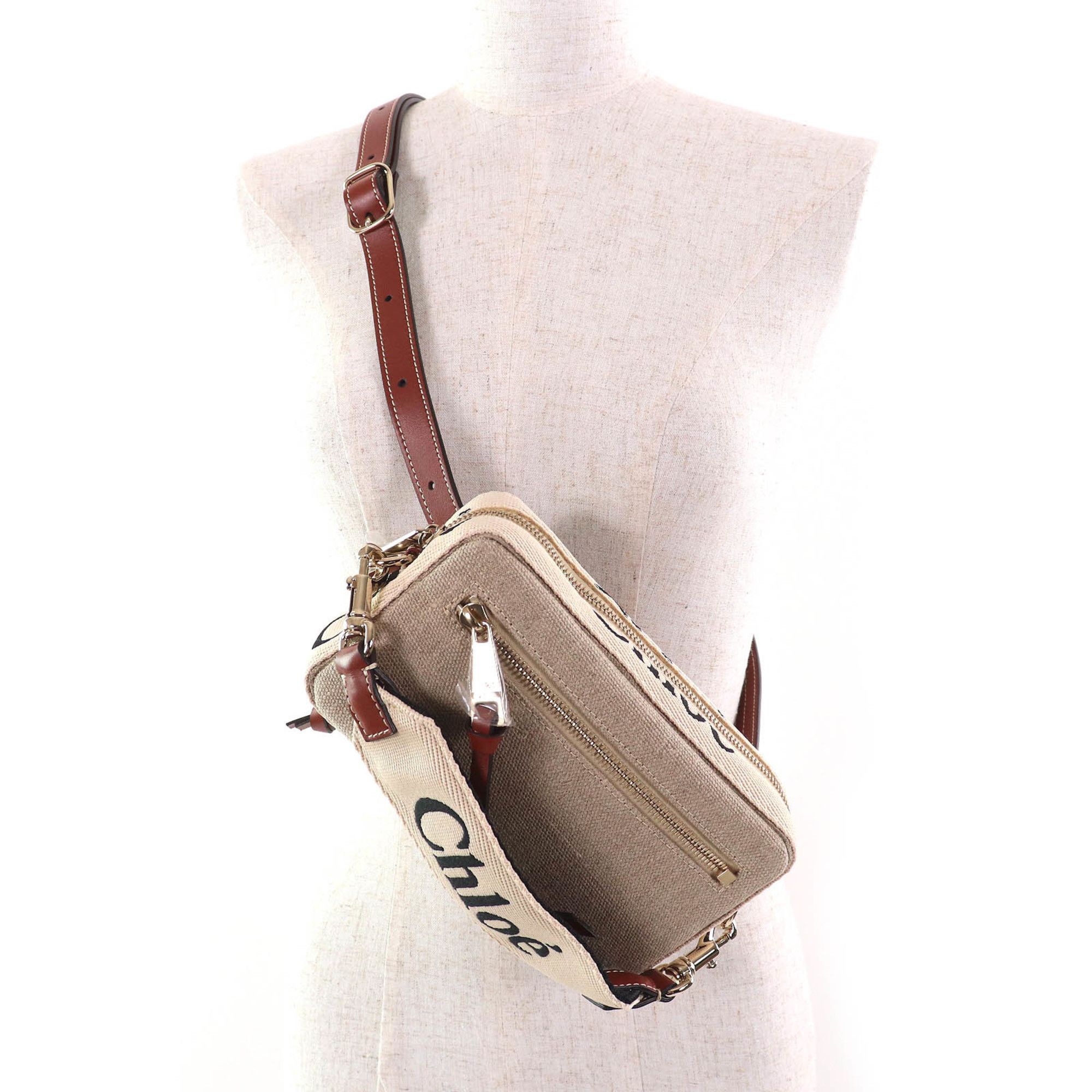 Chloe Chloé Chloe WOODY linen and leather accents with logo waist pouch, crossbody bag, shoulder beige or brown, includes dust made in Italy. Size ONE SIZE - 9 Thumbnail