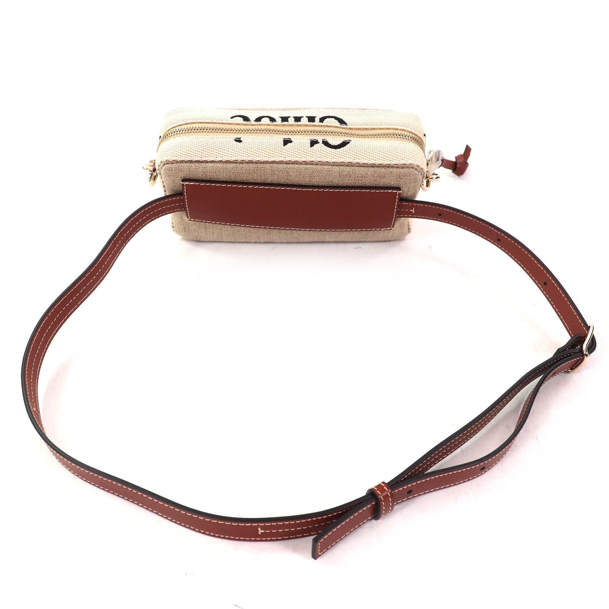 Chloe Chloé Chloe WOODY linen and leather accents with logo waist pouch, crossbody bag, shoulder beige or brown, includes dust made in Italy. Size ONE SIZE - 4 Thumbnail