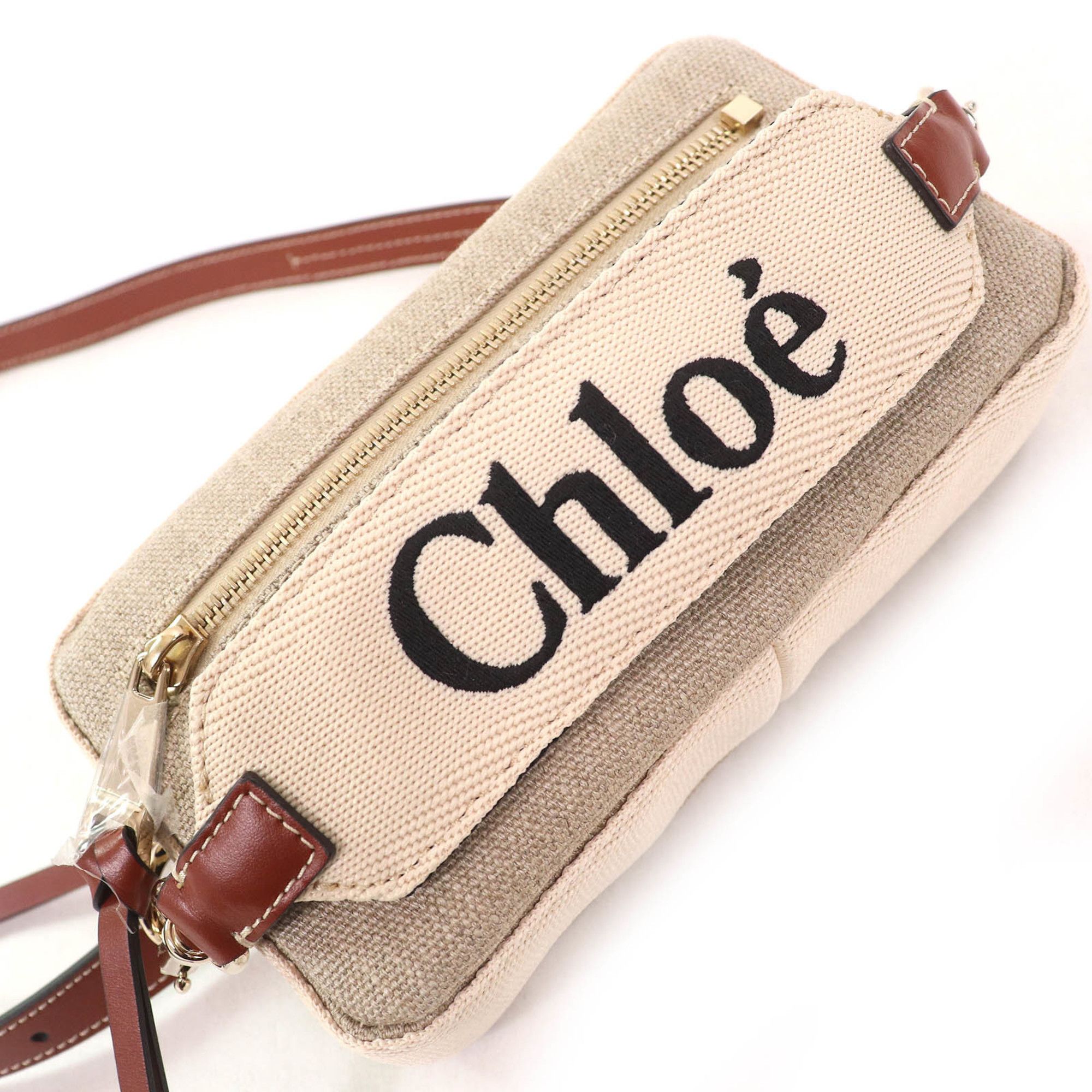 Chloe Chloé Chloe WOODY linen and leather accents with logo waist pouch, crossbody bag, shoulder beige or brown, includes dust made in Italy. Size ONE SIZE - 6 Thumbnail