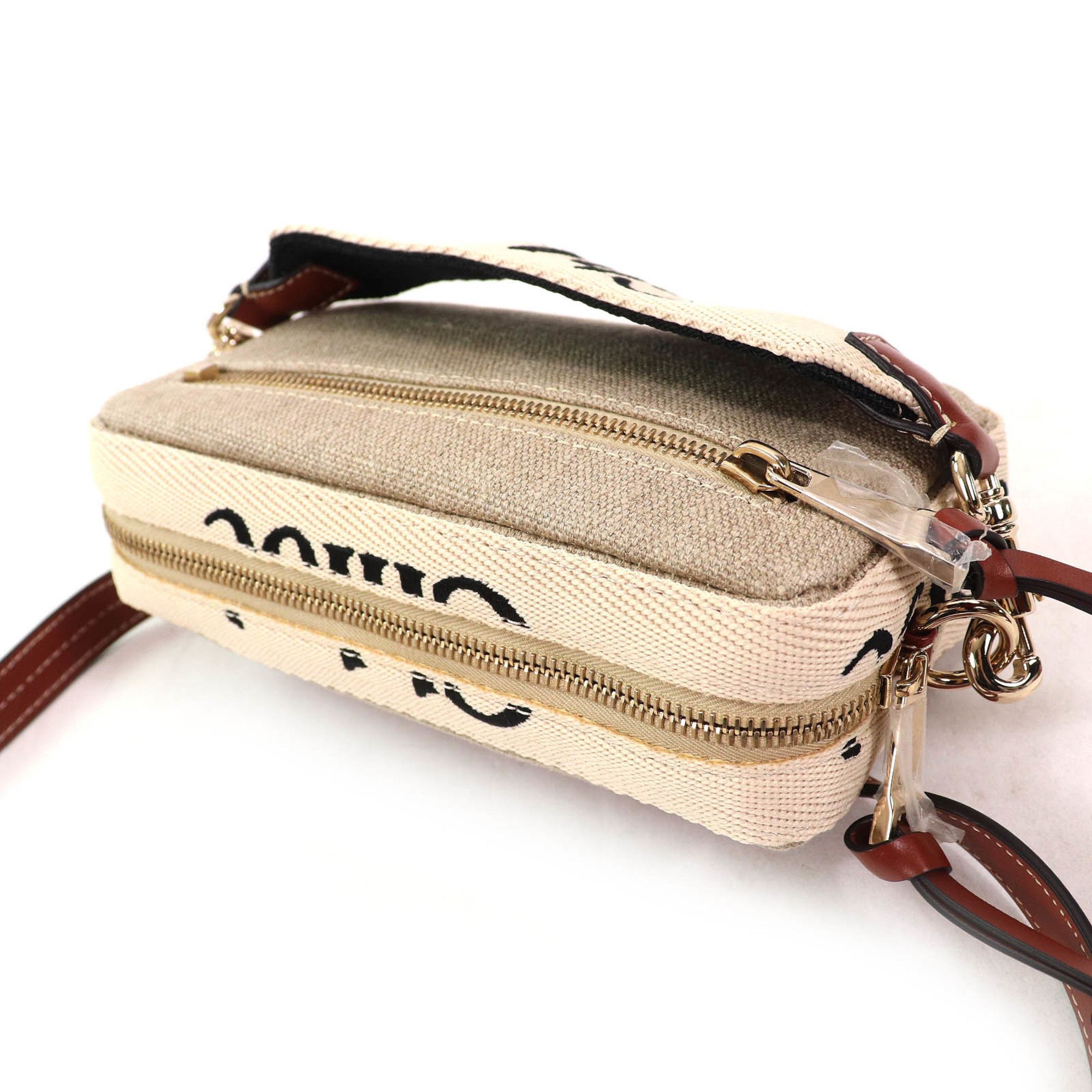 Chloe Chloé Chloe WOODY linen and leather accents with logo waist pouch, crossbody bag, shoulder beige or brown, includes dust made in Italy. Size ONE SIZE - 5 Thumbnail