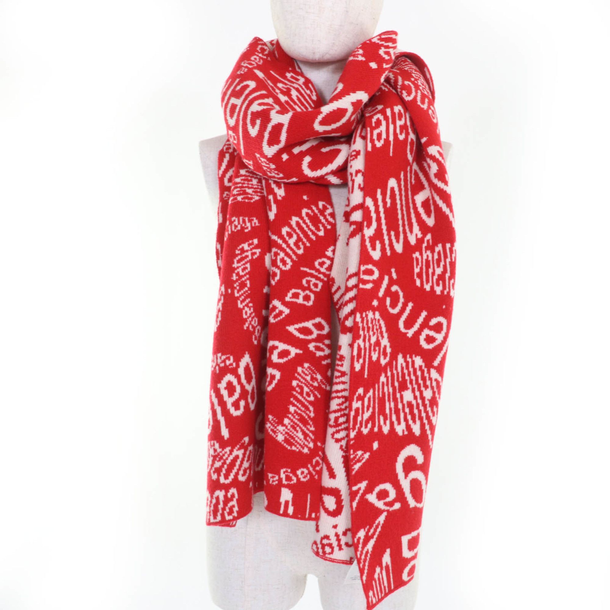 Balenciaga BALENCIAGA 583121 Virgin Wool Logo Print Large Shawl Scarf, Red and Ivory, Size S, Made in Italy, Authentic, Women's Size ONE SIZE - 3 Thumbnail