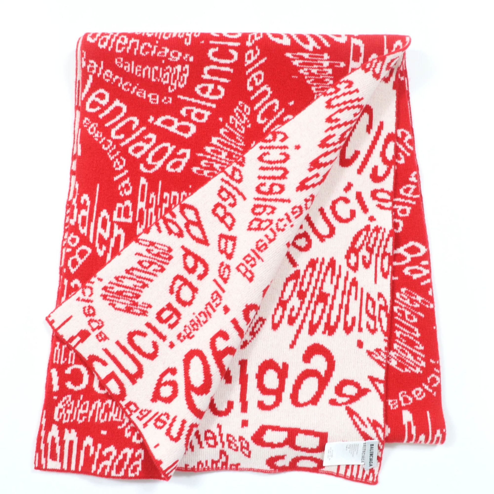 Balenciaga BALENCIAGA 583121 Virgin Wool Logo Print Large Shawl Scarf, Red and Ivory, Size S, Made in Italy, Authentic, Women's Size ONE SIZE - 2 Thumbnail