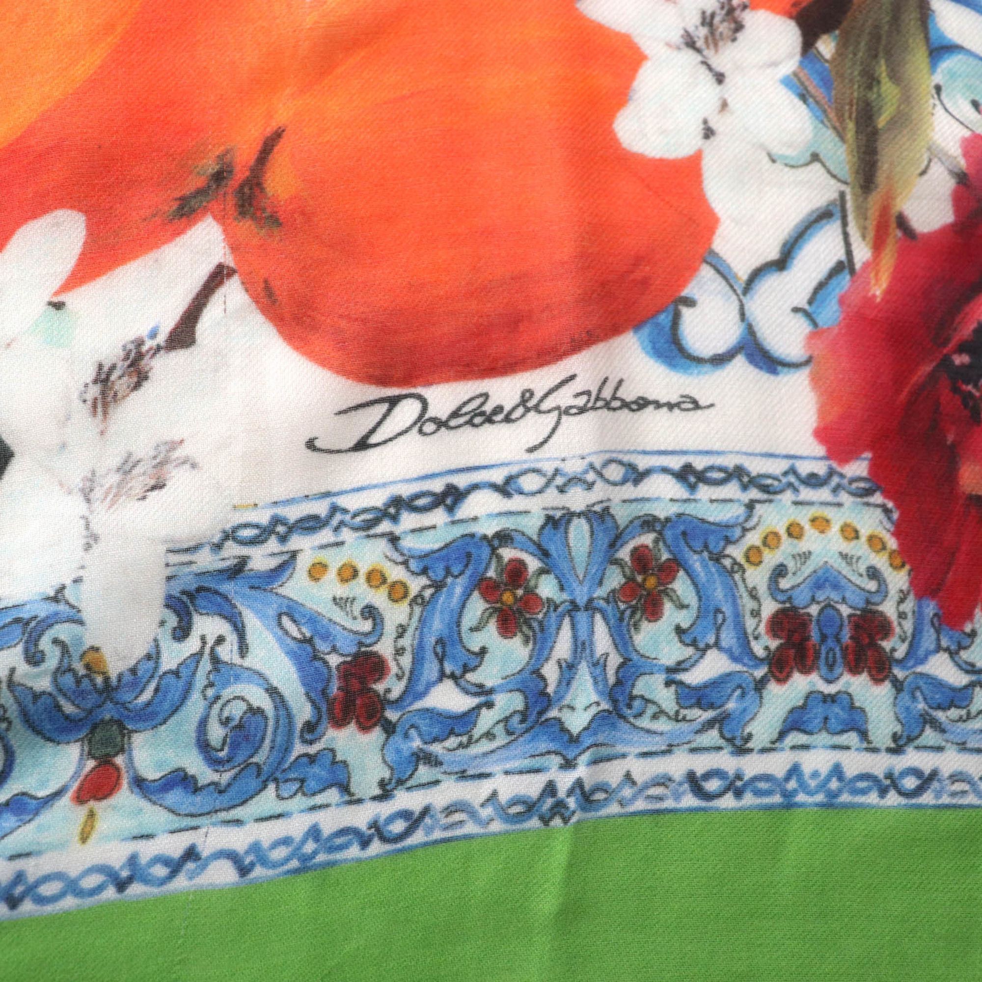 Dolce & Gabbana DOLCE & GABBANA Women's Cashmere Blend Shawl with Fringe and Logo, Flower Fruit Design, Multicolor, Made in Italy Size ONE SIZE - 9 Thumbnail