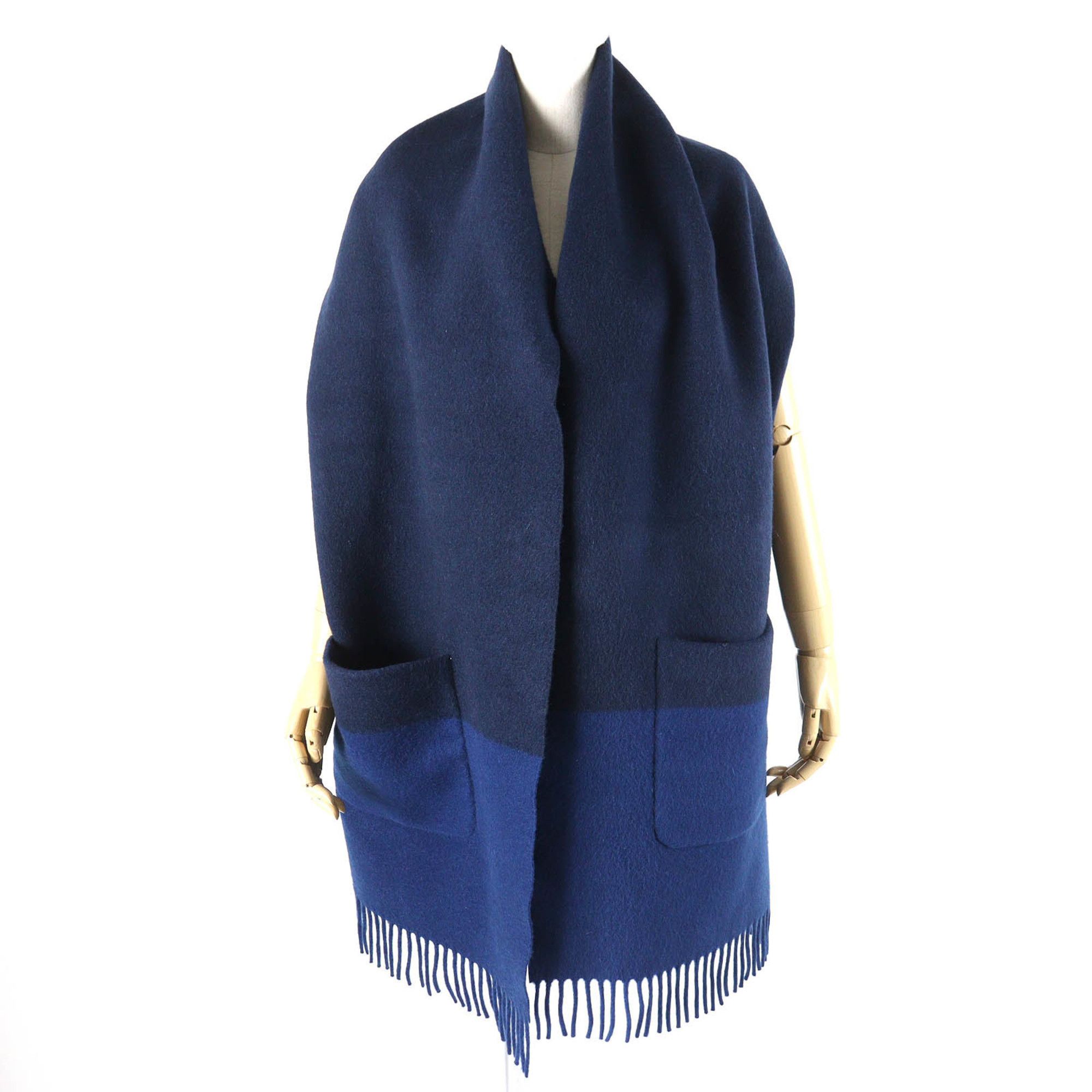 Hermes HERMES H259096S Allumette Pocket 100% Cashmere Marine Cobalt Leather Tag Fringe Large Shawl Scarf Two-Tone Made in Italy Women's Size ONE SIZE - 3 Thumbnail