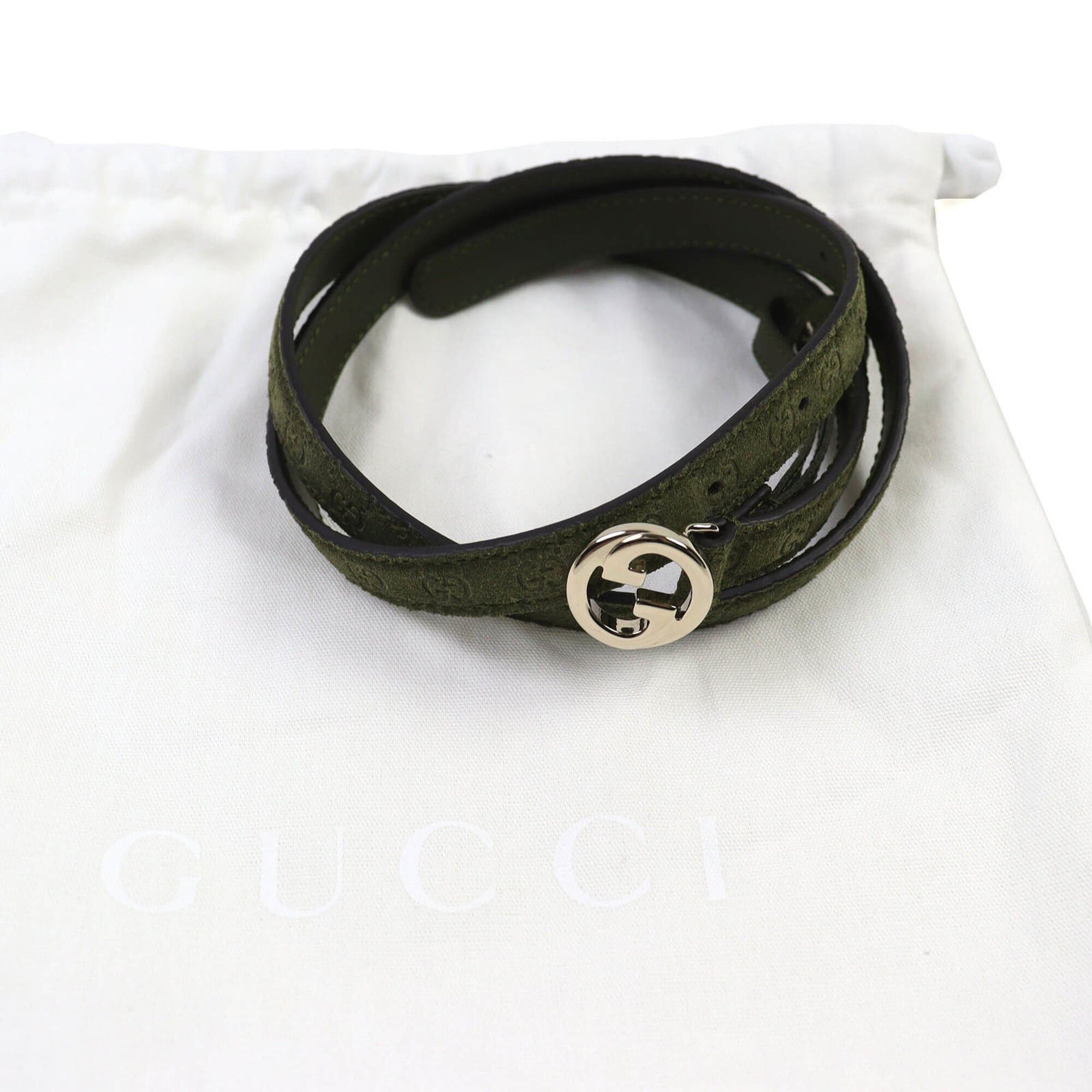 Gucci GUCCI 768431 Interlocking G Buckle GG Pattern Suede Leather Narrow Belt 75/30 Khaki with Dust Bag Made in Italy Size ONE SIZE - 2 Thumbnail