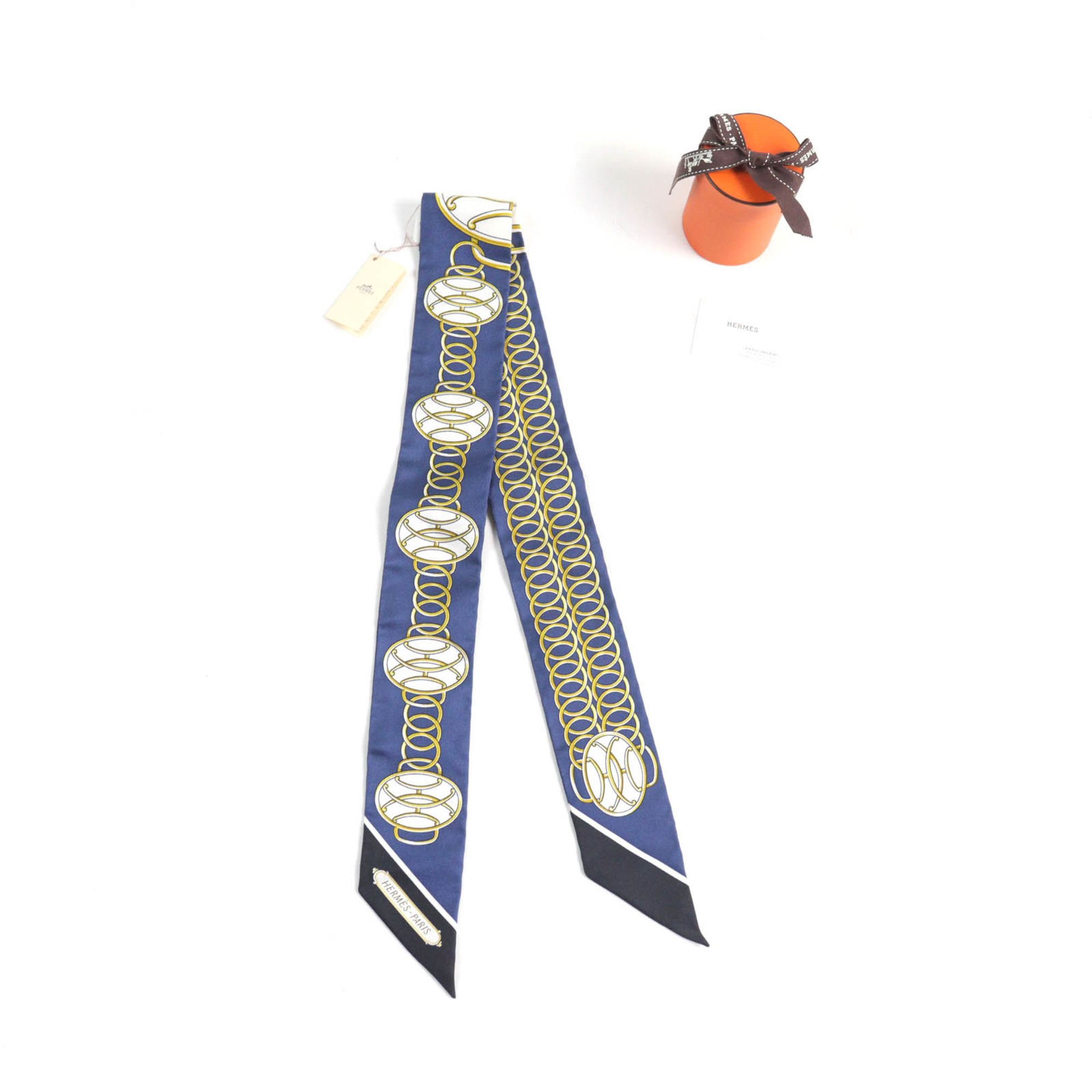 Hermes HERMES Twilly Lift Profile 100% Silk Scarf in Marine Noir Gold, Made France, with Box, for Women Size ONE SIZE - 2 Thumbnail