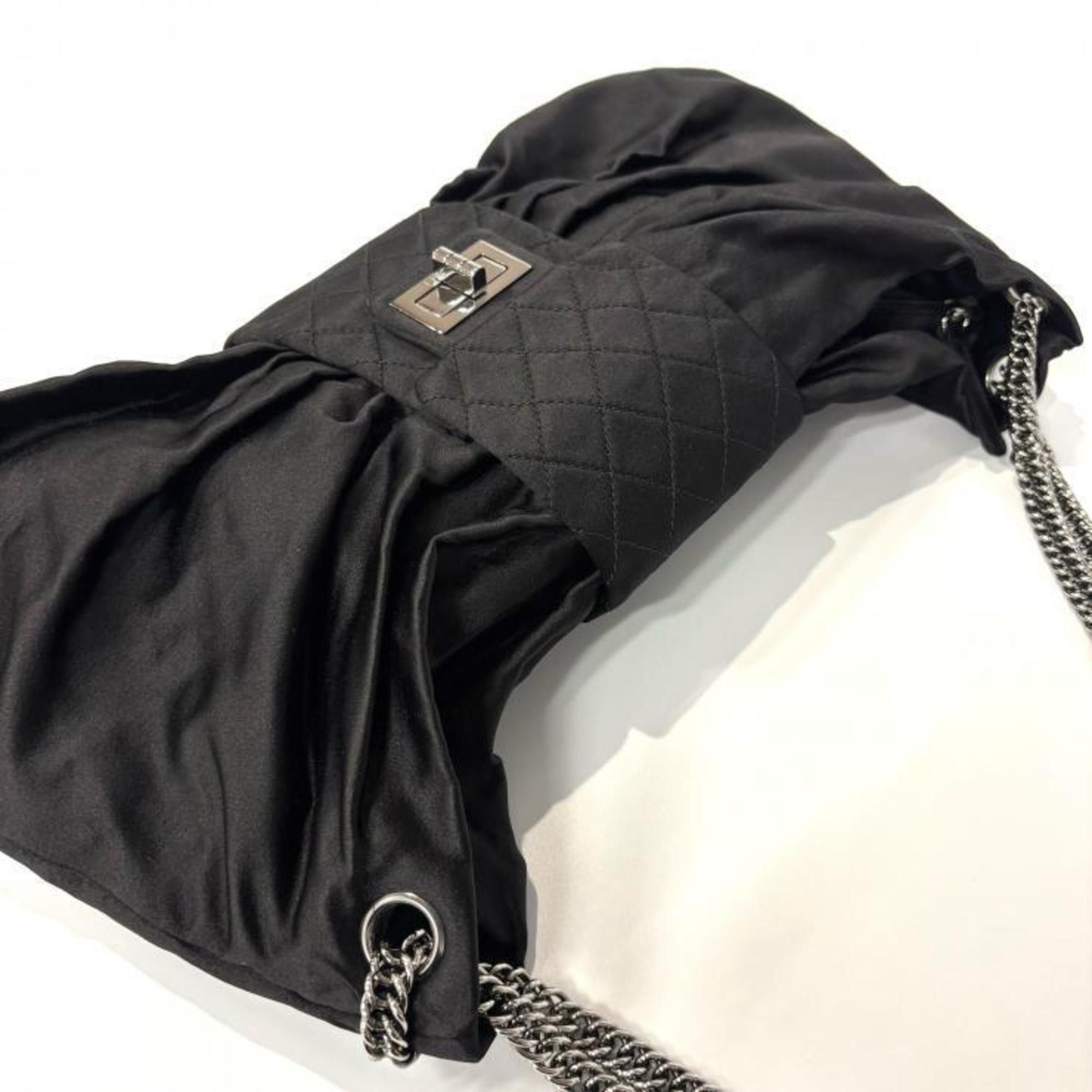 Chanel CHANEL 2.55 Chain Ribbon Shoulder Bag in Black Satin with Silver Hardware. Size ONE SIZE - 5 Thumbnail
