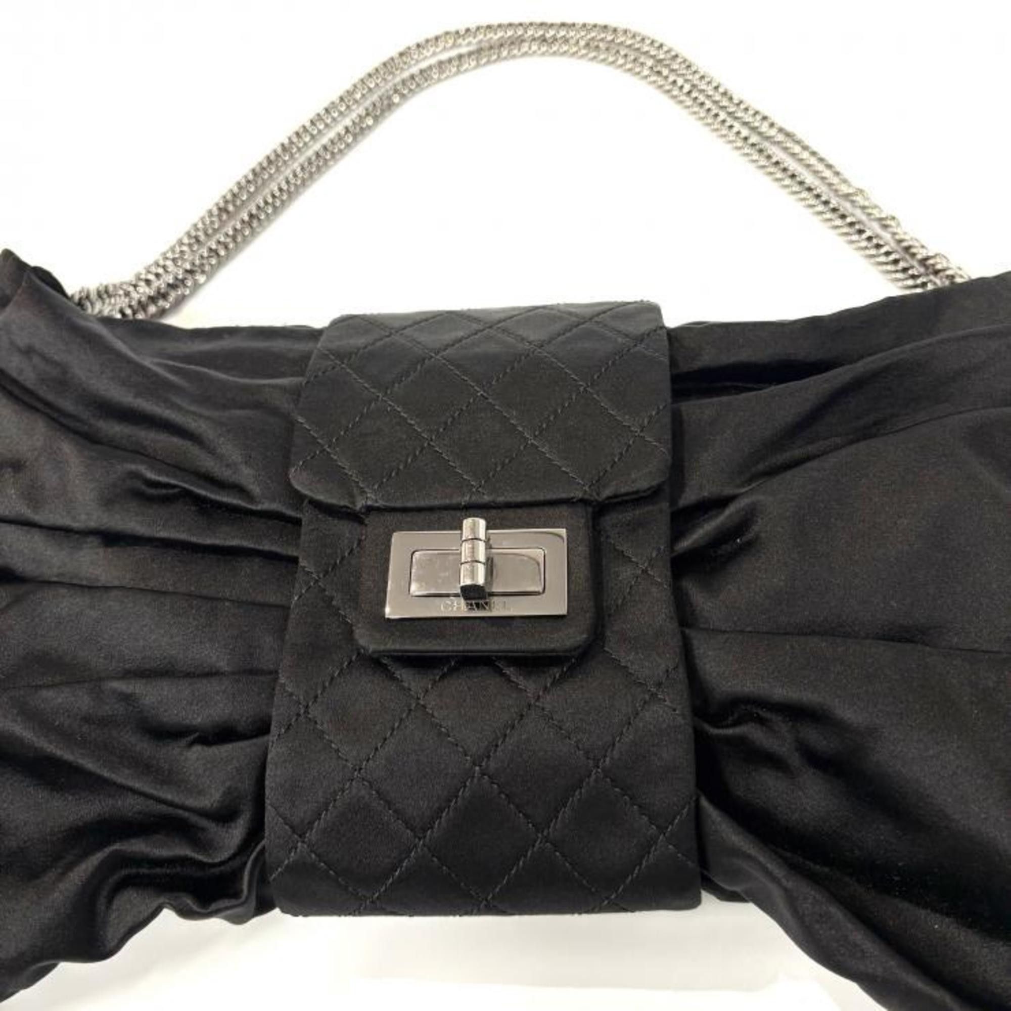 Chanel CHANEL 2.55 Chain Ribbon Shoulder Bag in Black Satin with Silver Hardware. Size ONE SIZE - 4 Thumbnail