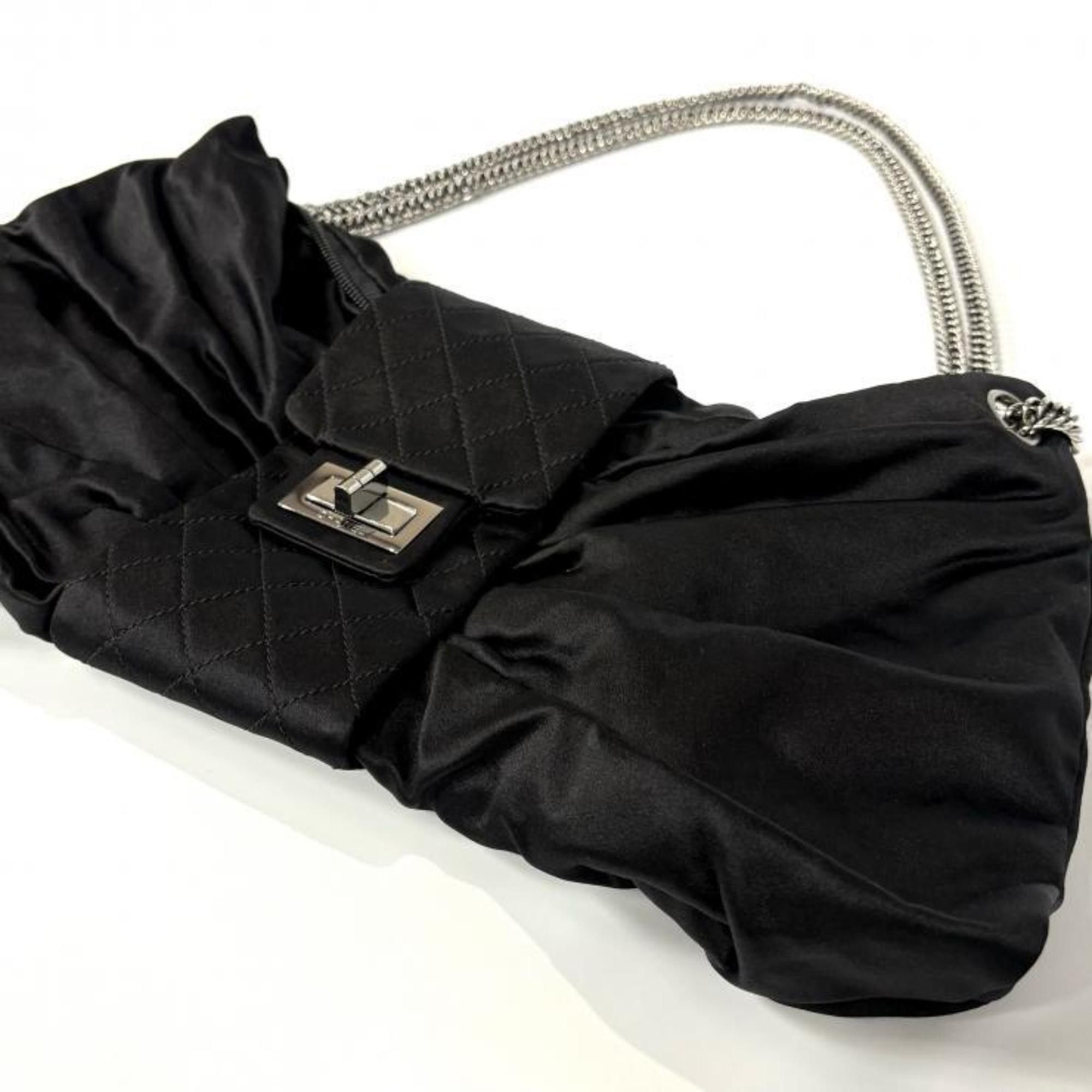Chanel CHANEL 2.55 Chain Ribbon Shoulder Bag in Black Satin with Silver Hardware. Size ONE SIZE - 3 Thumbnail