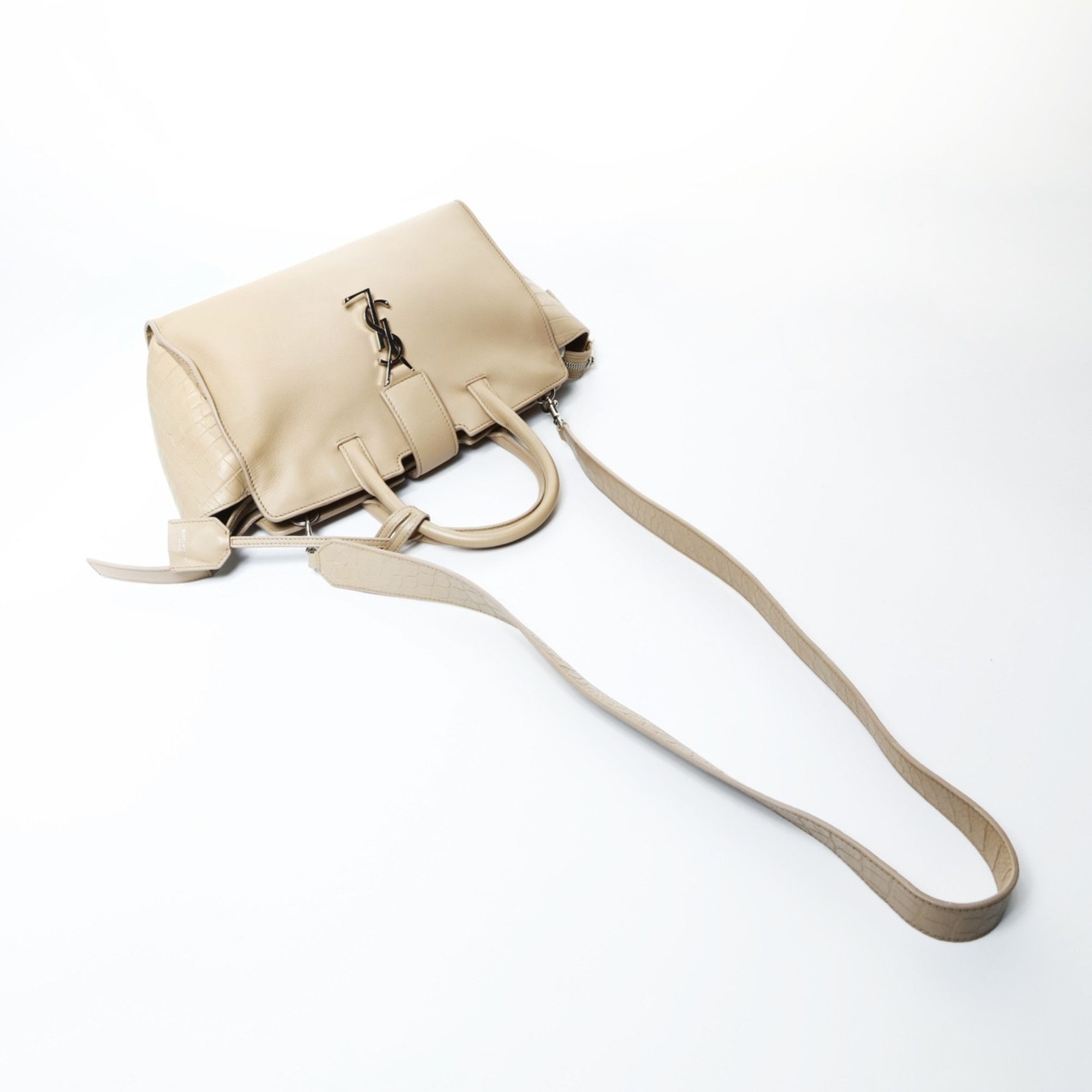 Yves Saint Laurent Yves Saint Laurent Downtown Cabas 2-way embossed leather handbag in beige Size ONE SIZE - 10 Thumbnail