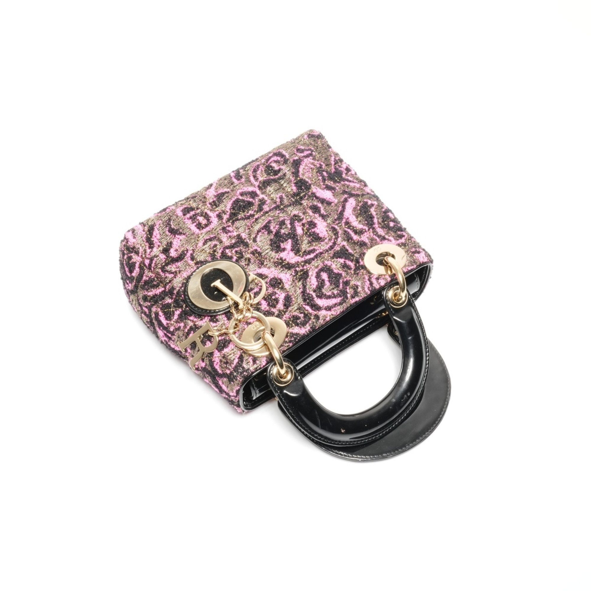 Dior Christian Dior Women's Small Rose Wool Patent Leather Handbag in Black and Pink Size ONE SIZE - 9 Thumbnail
