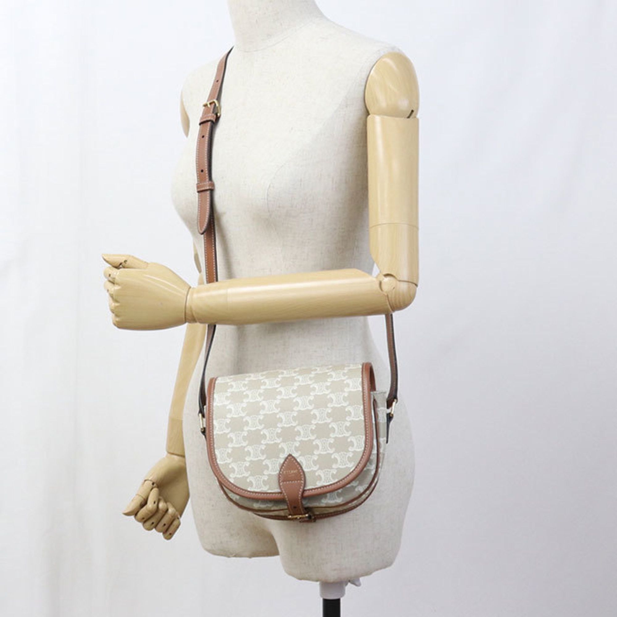 Celine CELINE Medium Folco Triomphe Canvas Shoulder Bag, Beige Size ONE SIZE - 6 Thumbnail