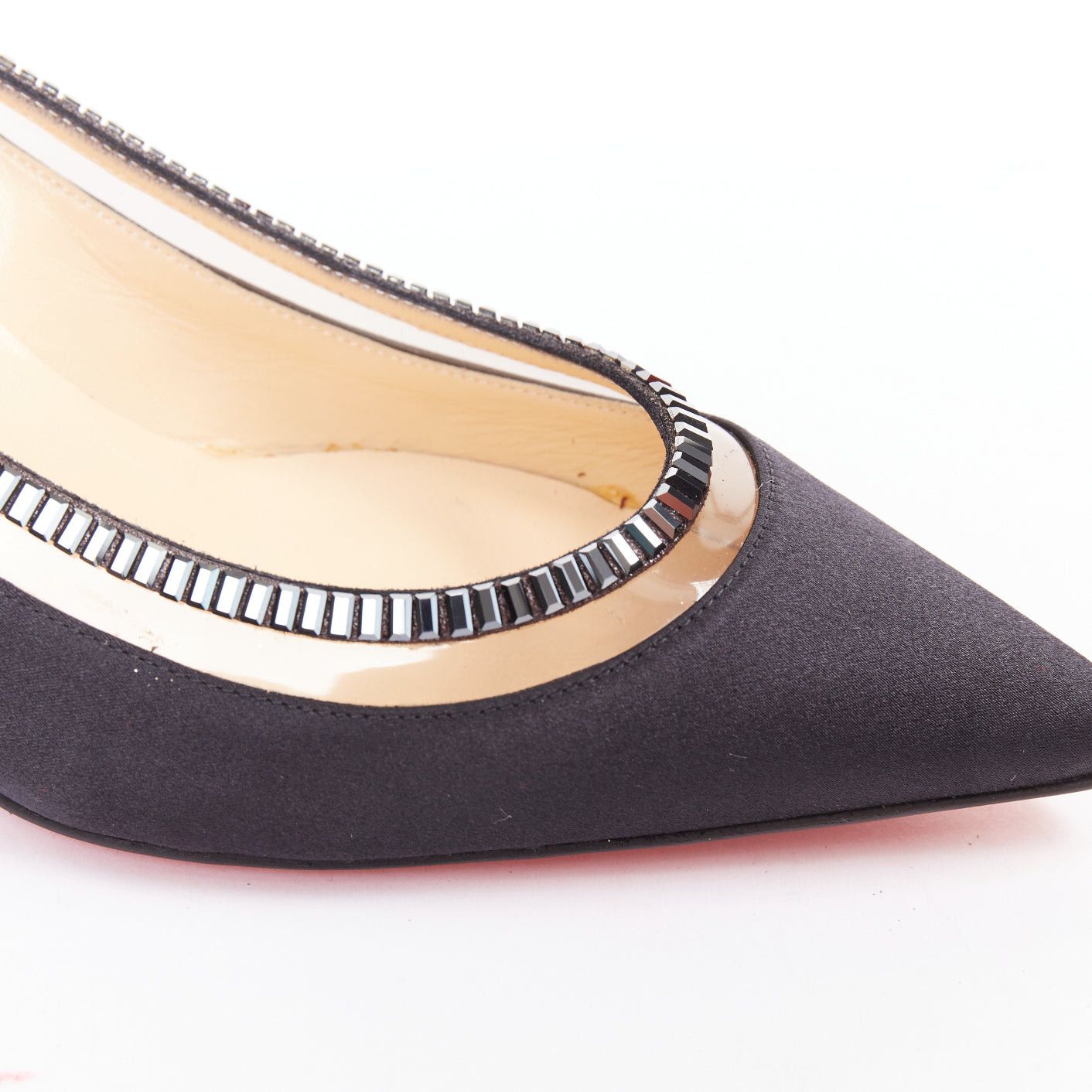Christian Louboutin CHRISTIAN LOUBOUTIN Paulina Strass 45 black satin PVC baguette crystal kitten heels EU37.5 Size US 7.5 / IT 37.5 - 7 Thumbnail