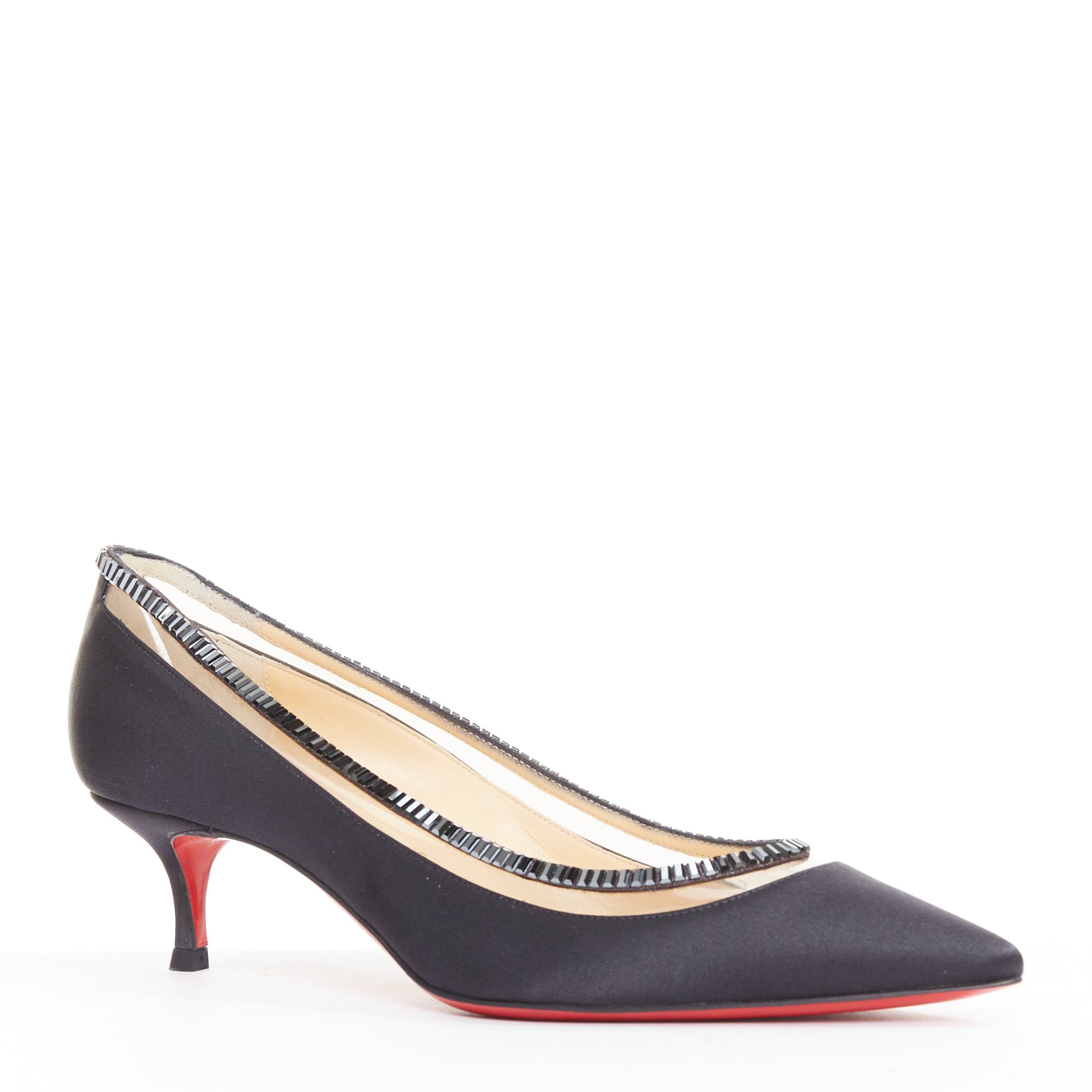 Christian Louboutin CHRISTIAN LOUBOUTIN Paulina Strass 45 black satin PVC baguette crystal kitten heels EU37.5 Size US 7.5 / IT 37.5 - 2 Thumbnail