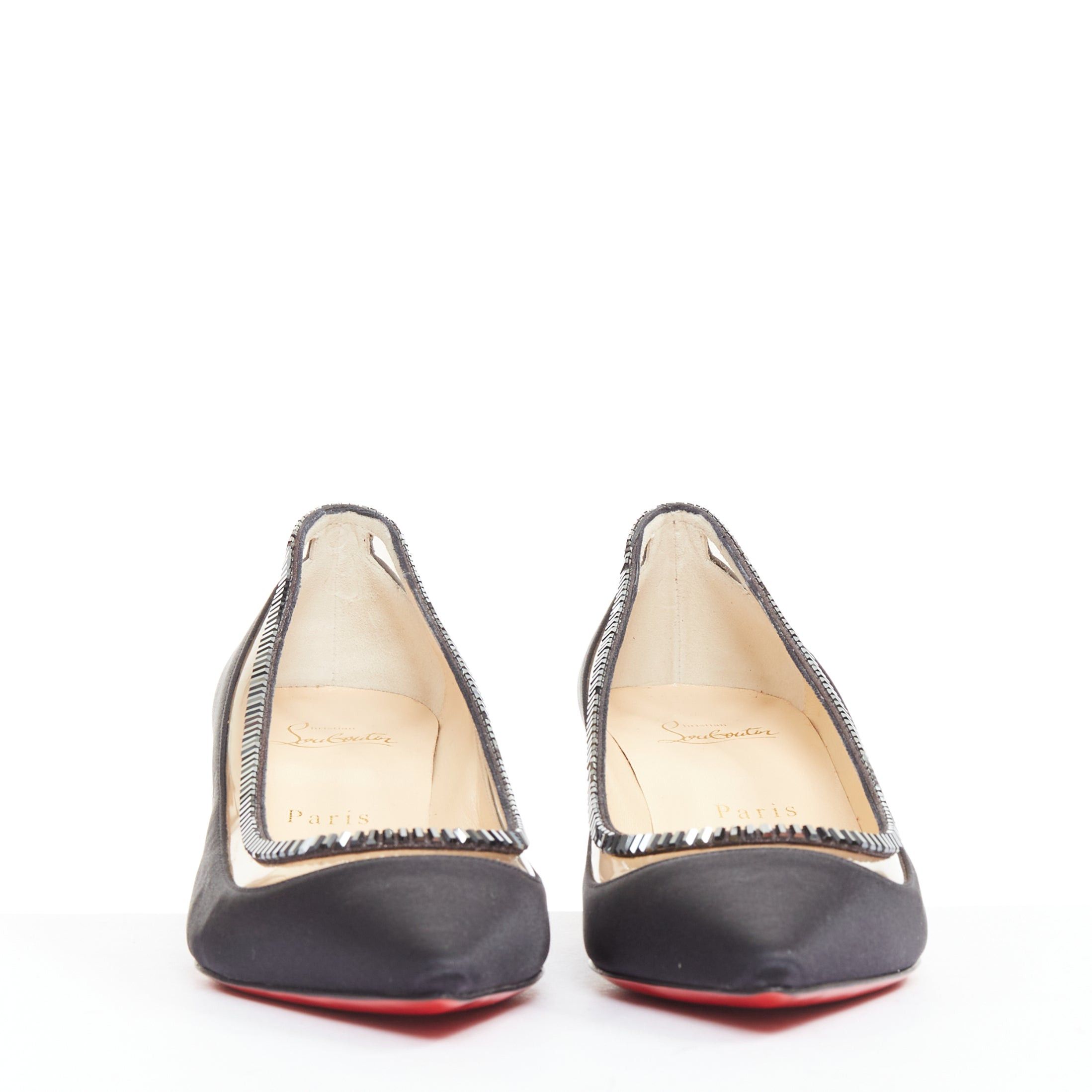 Christian Louboutin CHRISTIAN LOUBOUTIN Paulina Strass 45 black satin PVC baguette crystal kitten heels EU37.5 Size US 7.5 / IT 37.5 - 3 Thumbnail