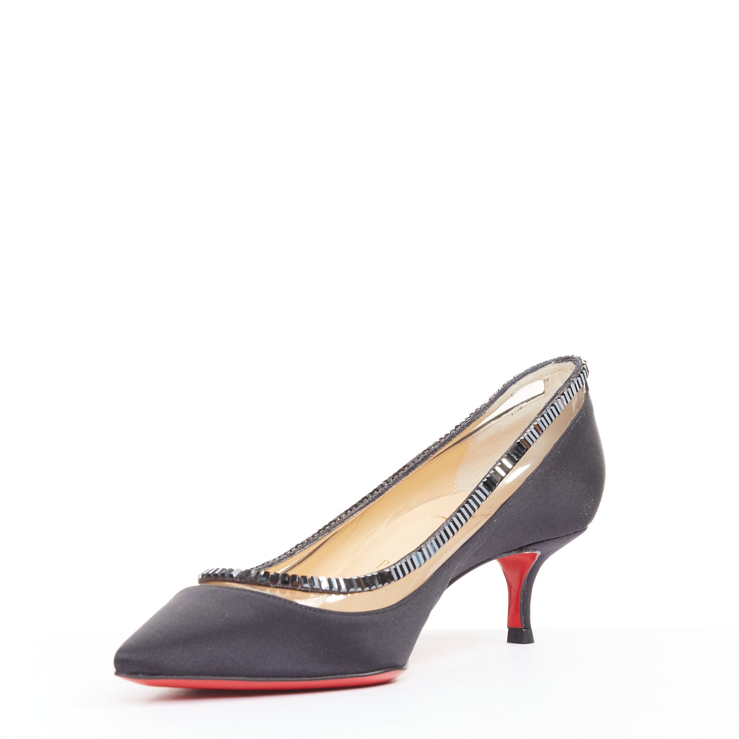 Christian Louboutin CHRISTIAN LOUBOUTIN Paulina Strass 45 black satin PVC baguette crystal kitten heels EU37.5 Size US 7.5 / IT 37.5 - 4 Thumbnail