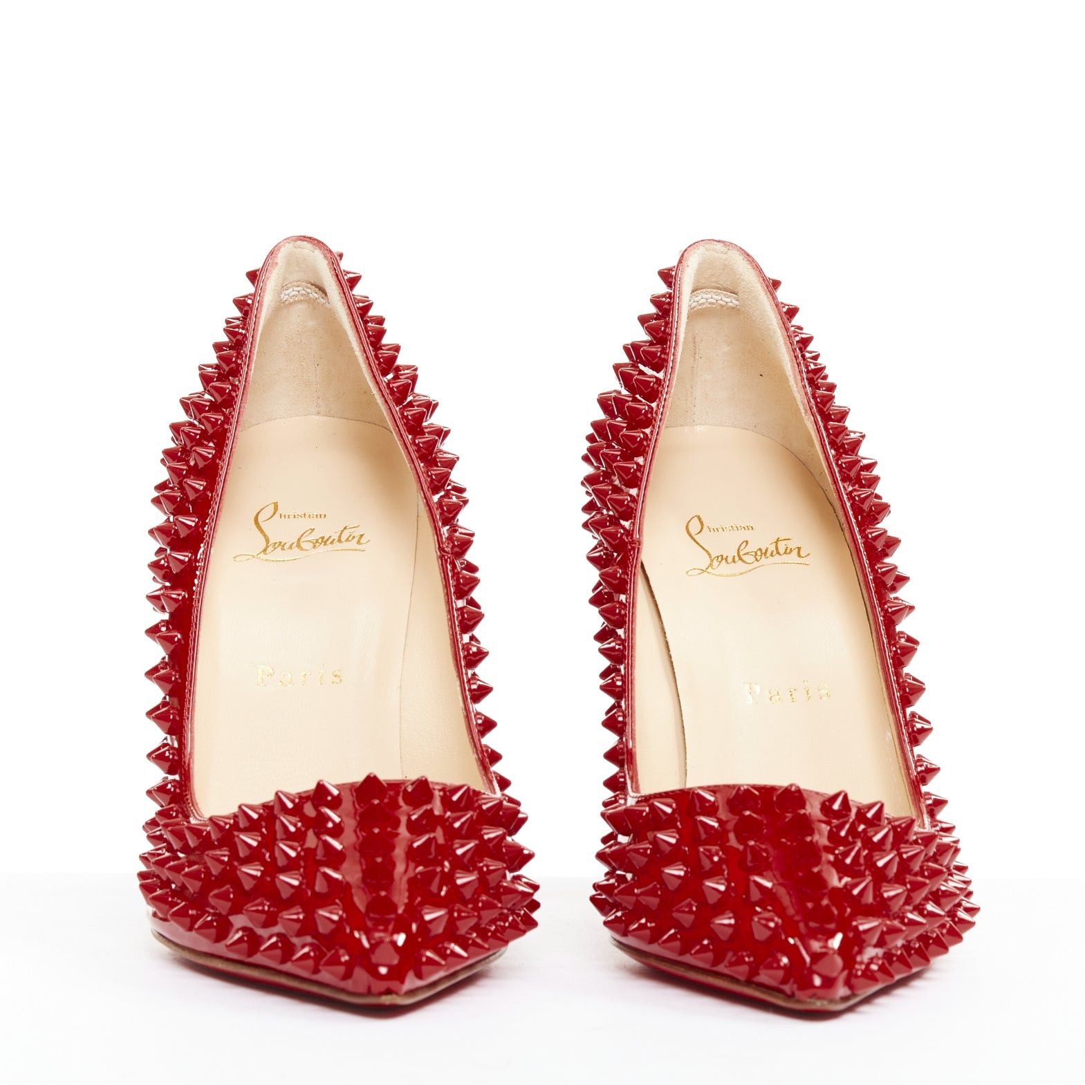 Christian Louboutin CHRISTIAN LOUBOUTIN Pigalle Spikes 100 red patent leather studded pumps EU38 Size US 8 / IT 38 - 3 Thumbnail