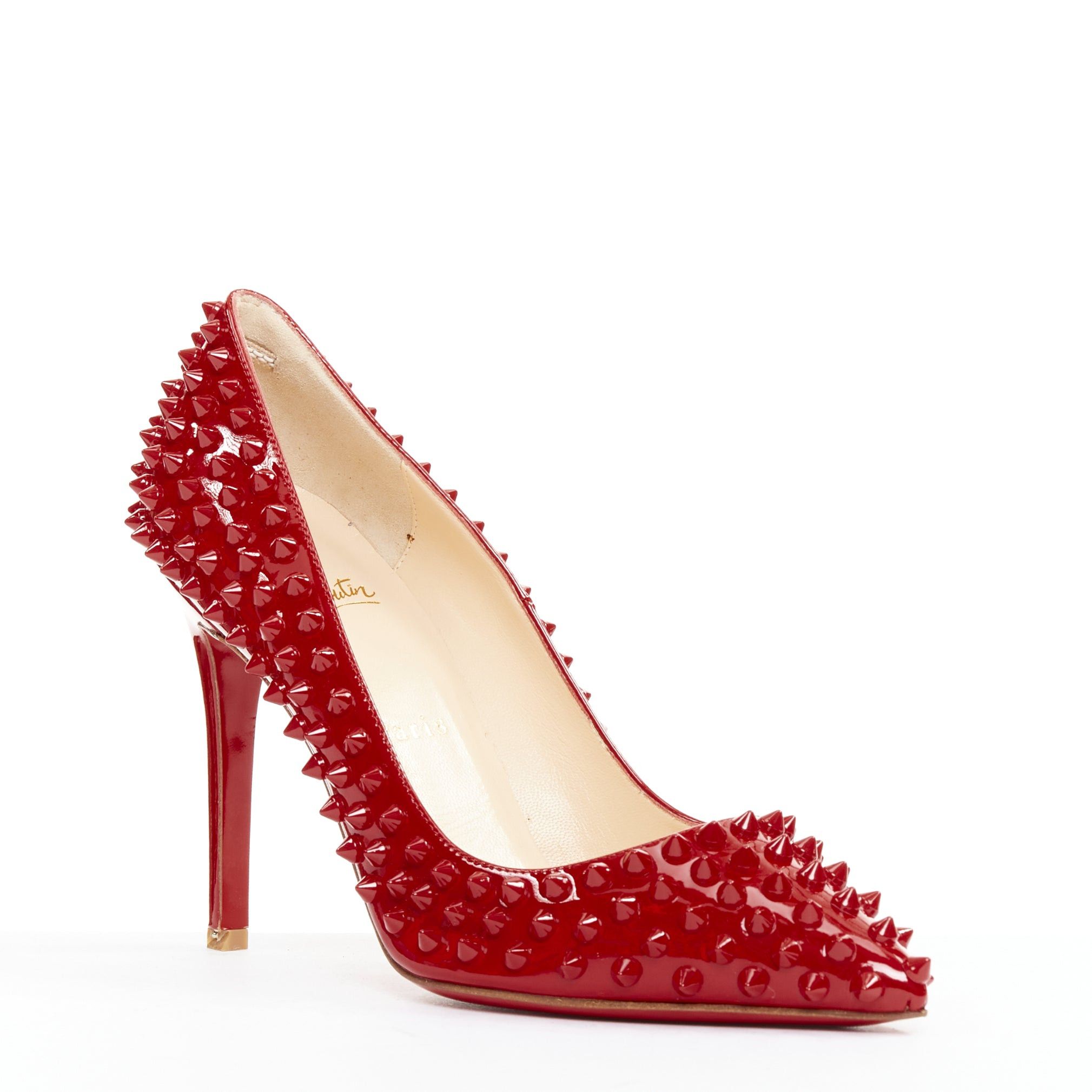 Christian Louboutin CHRISTIAN LOUBOUTIN Pigalle Spikes 100 red patent leather studded pumps EU38 Size US 8 / IT 38 - 2 Thumbnail