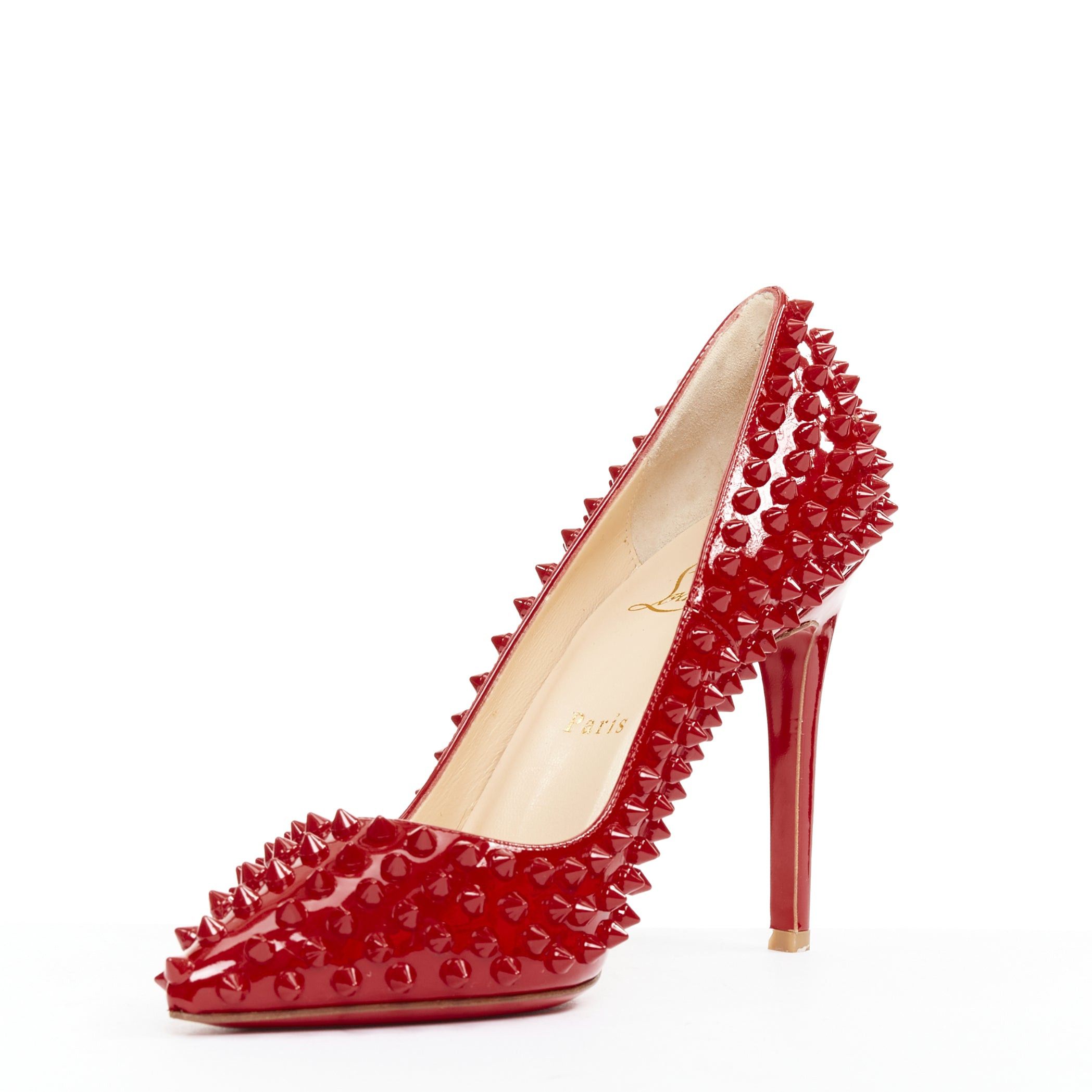 Christian Louboutin CHRISTIAN LOUBOUTIN Pigalle Spikes 100 red patent leather studded pumps EU38 Size US 8 / IT 38 - 4 Thumbnail