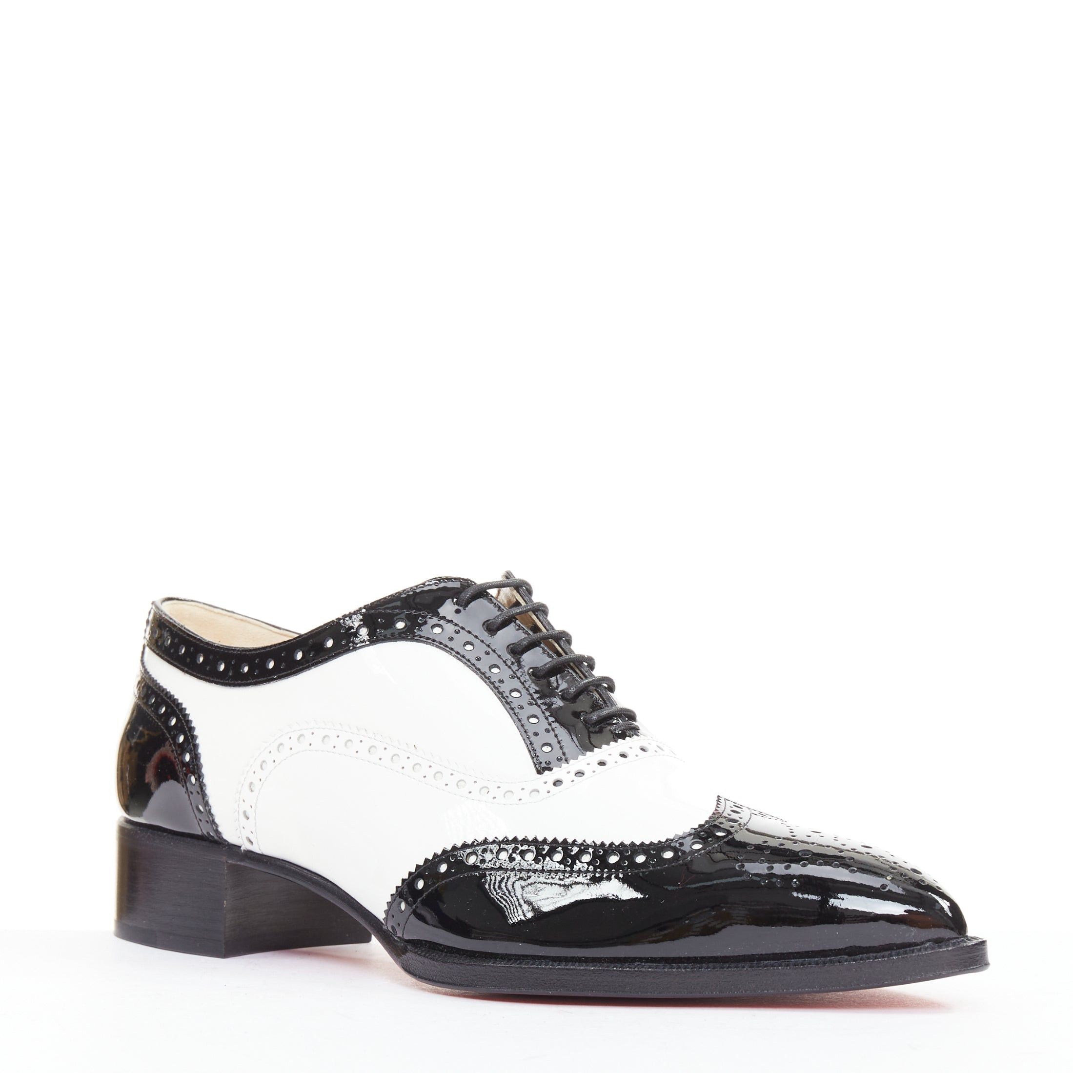 Christian Louboutin CHRISTIAN LOUBOUTIN Zazou Fiori Flat Patent black white leather point toe brogue EU38.5 Size US 8.5 / IT 38.5 - 3 Thumbnail