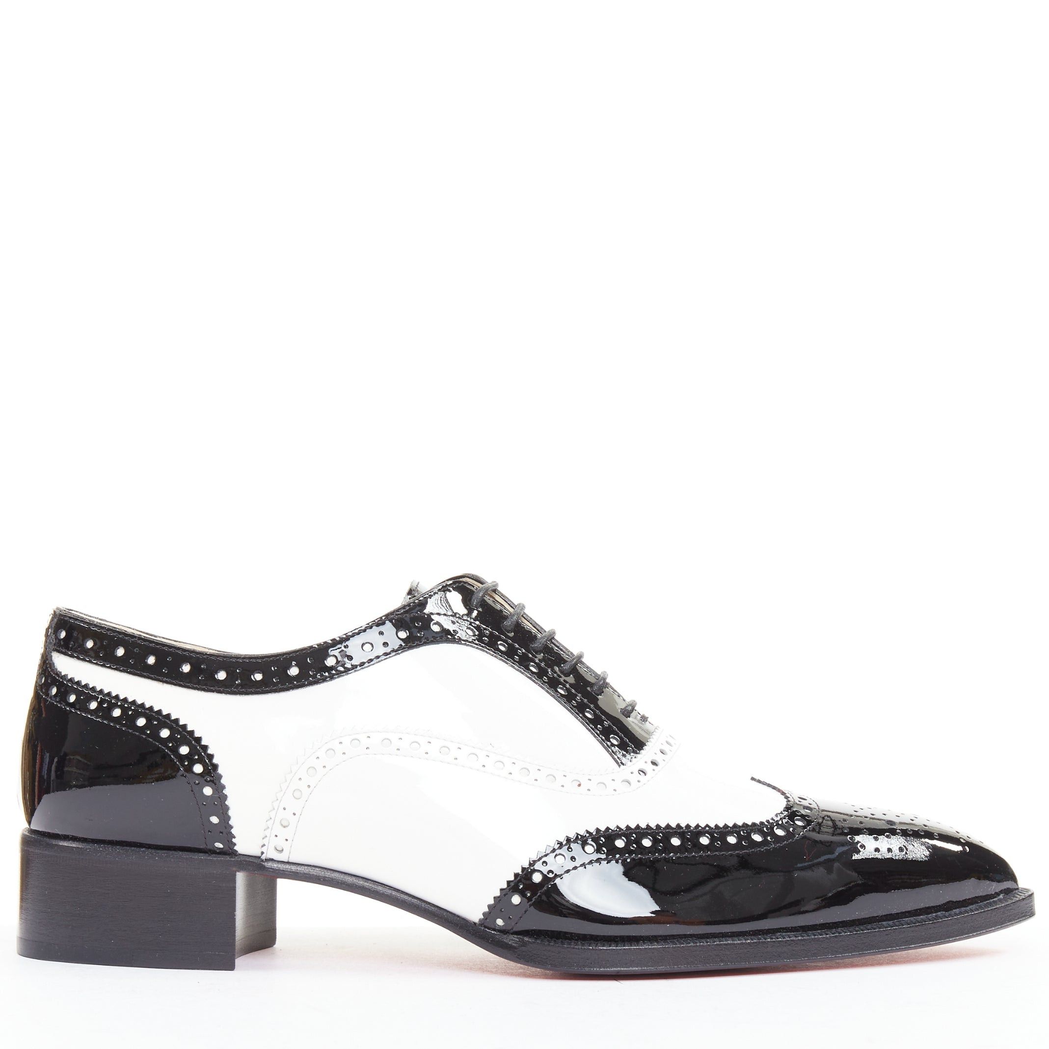 Christian Louboutin CHRISTIAN LOUBOUTIN Zazou Fiori Flat Patent black white leather point toe brogue EU38.5 Size US 8.5 / IT 38.5 - 2 Thumbnail