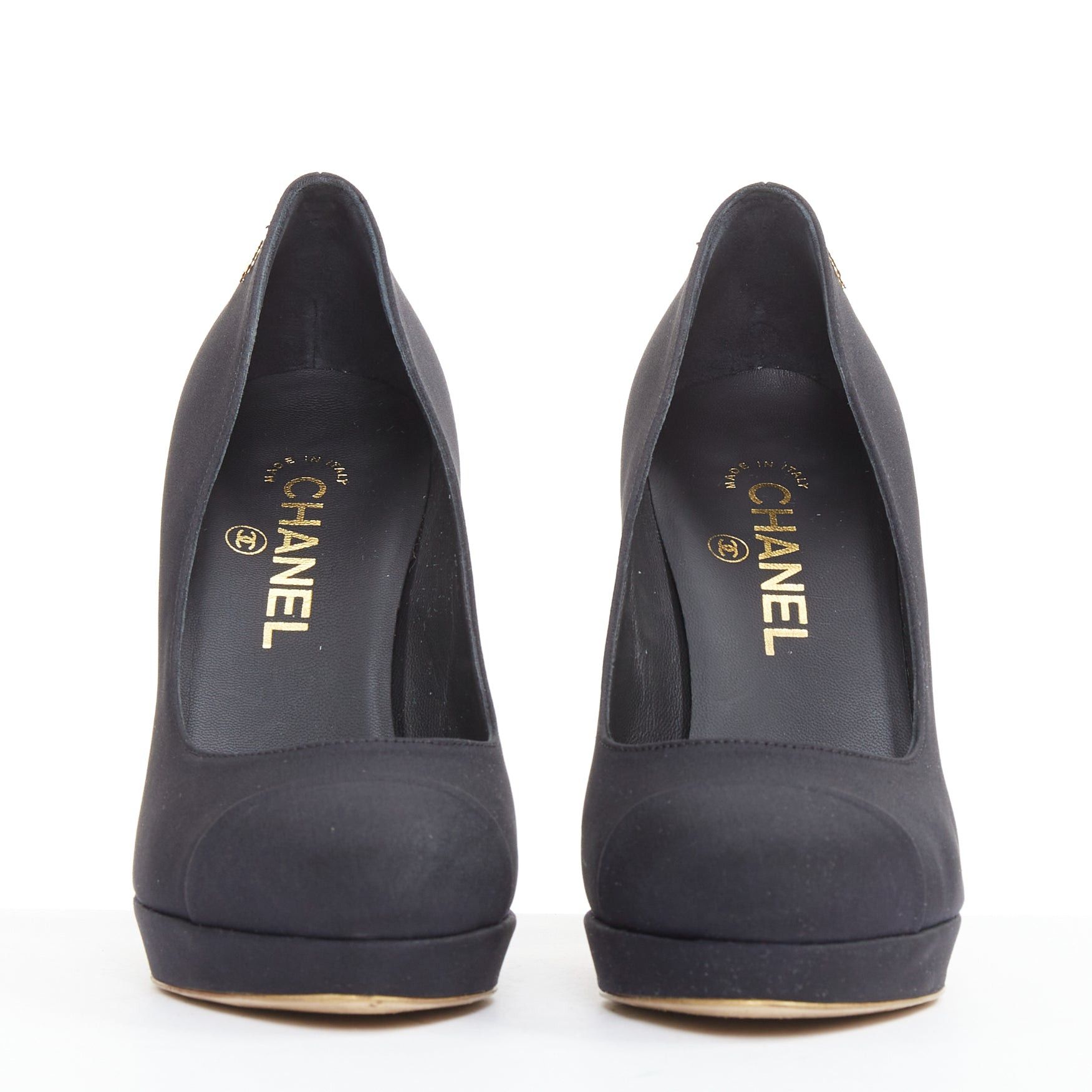 Chanel CHANEL 08A black satin cap toe gold sculpted metal bolt heel platform pumps EU37.5 Size US 7.5 / IT 37.5 - 3 Thumbnail