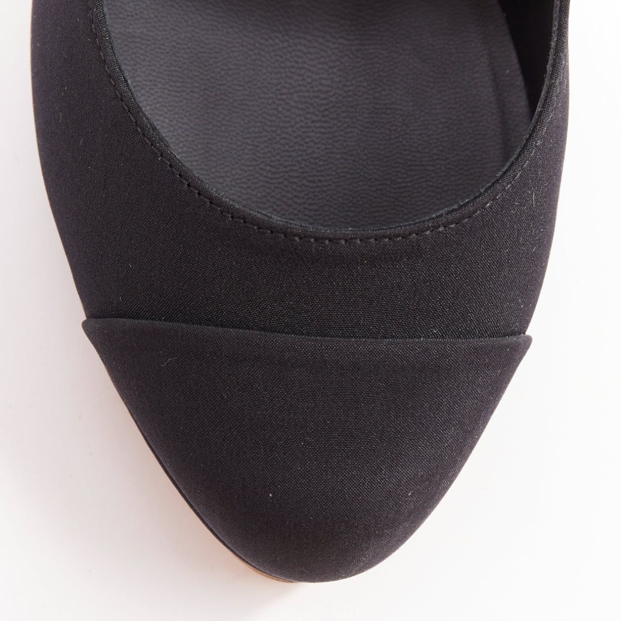Chanel CHANEL 08A black satin cap toe gold sculpted metal bolt heel platform pumps EU37.5 Size US 7.5 / IT 37.5 - 6 Thumbnail