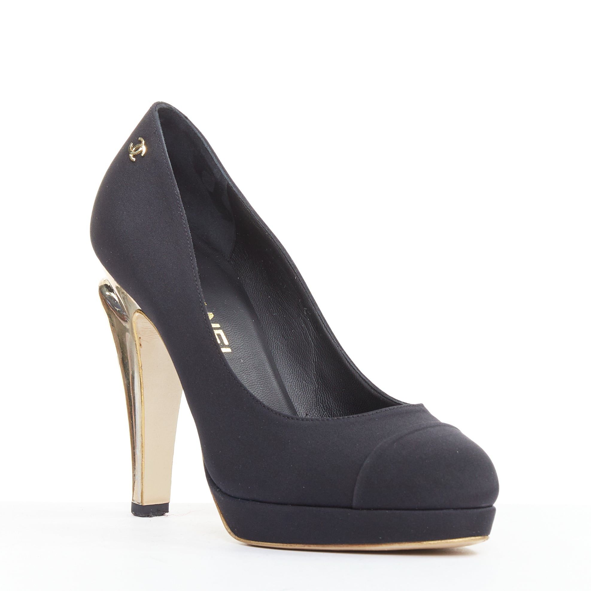 Chanel CHANEL 08A black satin cap toe gold sculpted metal bolt heel platform pumps EU37.5 Size US 7.5 / IT 37.5 - 2 Thumbnail