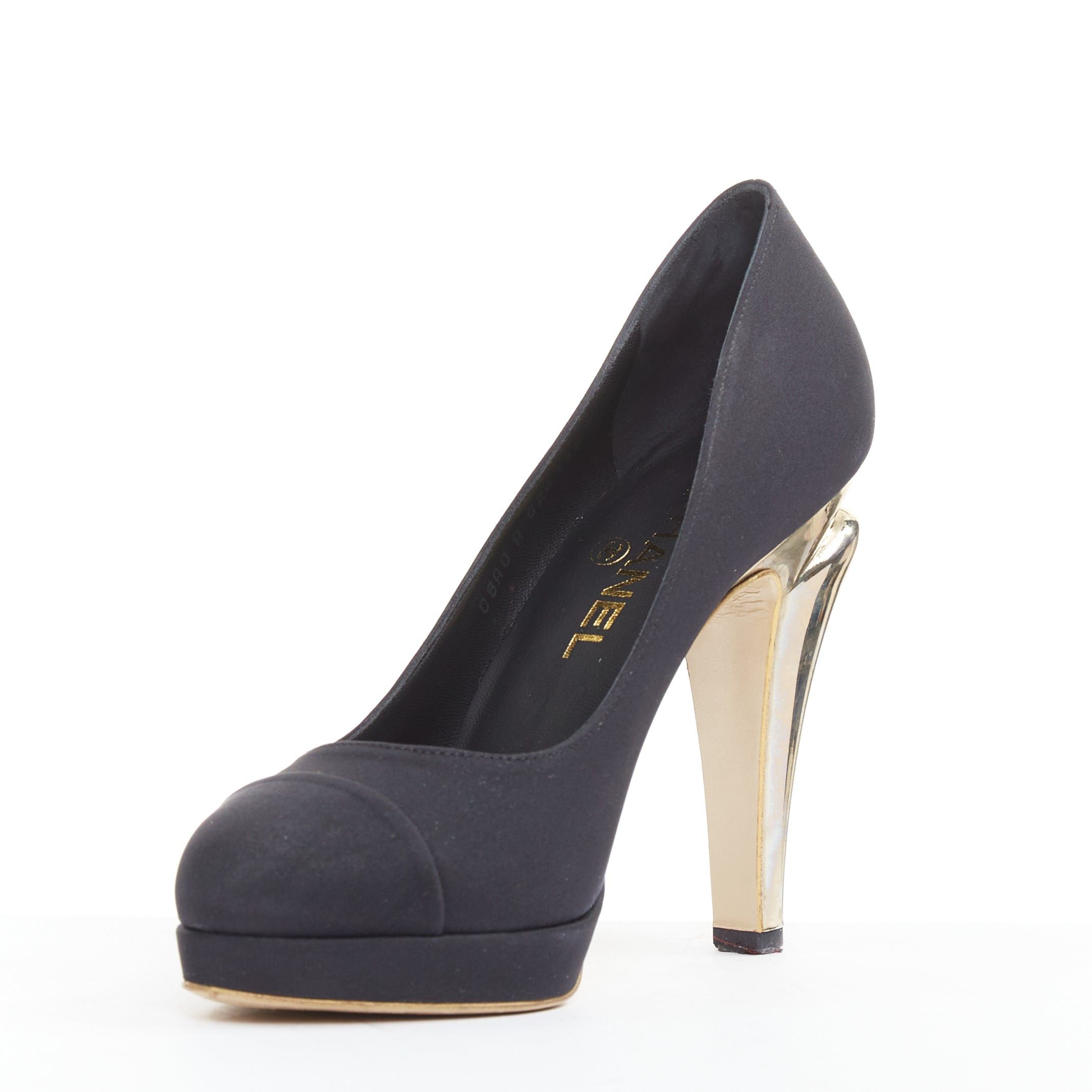 Chanel CHANEL 08A black satin cap toe gold sculpted metal bolt heel platform pumps EU37.5 Size US 7.5 / IT 37.5 - 4 Thumbnail