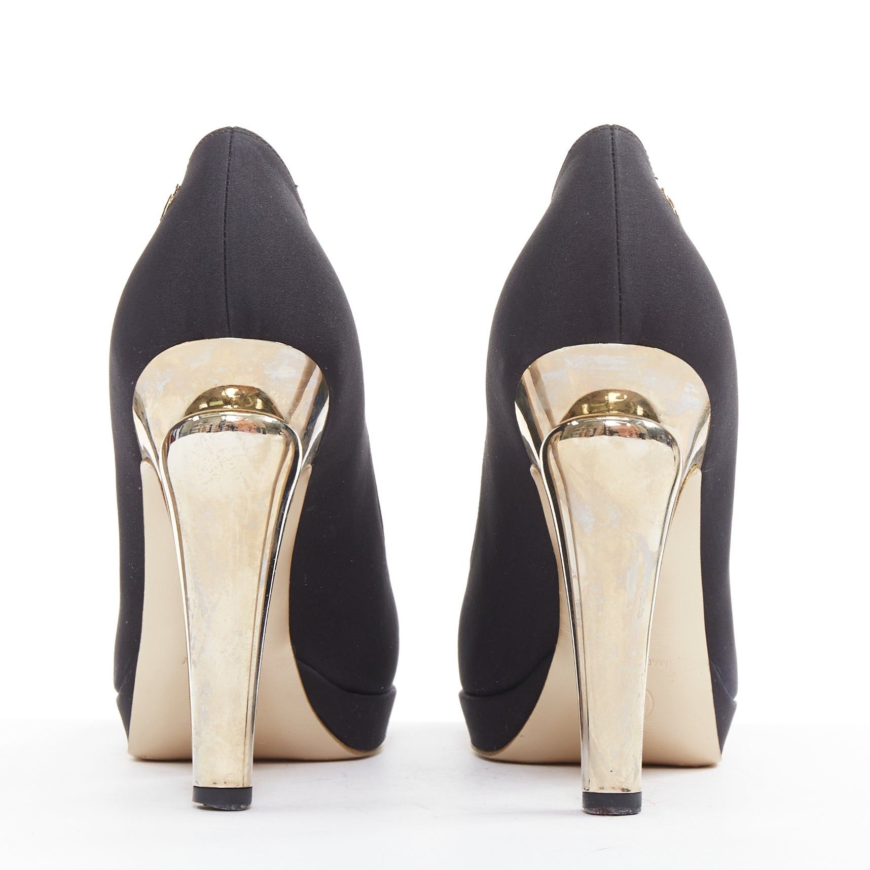 Chanel CHANEL 08A black satin cap toe gold sculpted metal bolt heel platform pumps EU37.5 Size US 7.5 / IT 37.5 - 5 Thumbnail
