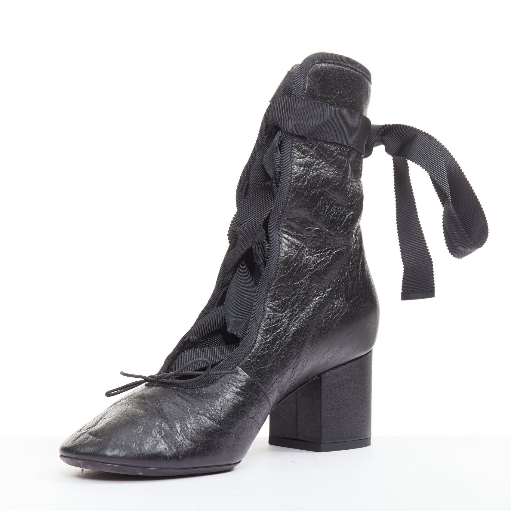 Valentino VALENTINO 2016 Runway black crinkled leather ribbon lace ballet booties EU37.5 Size US 7.5 / IT 37.5 - 4 Thumbnail