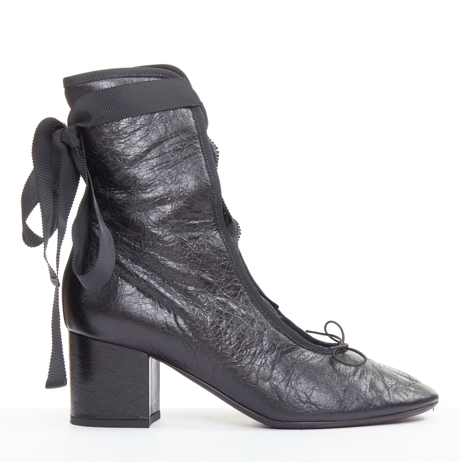 Valentino VALENTINO 2016 Runway black crinkled leather ribbon lace ballet booties EU37.5 Size US 7.5 / IT 37.5 - 2 Thumbnail