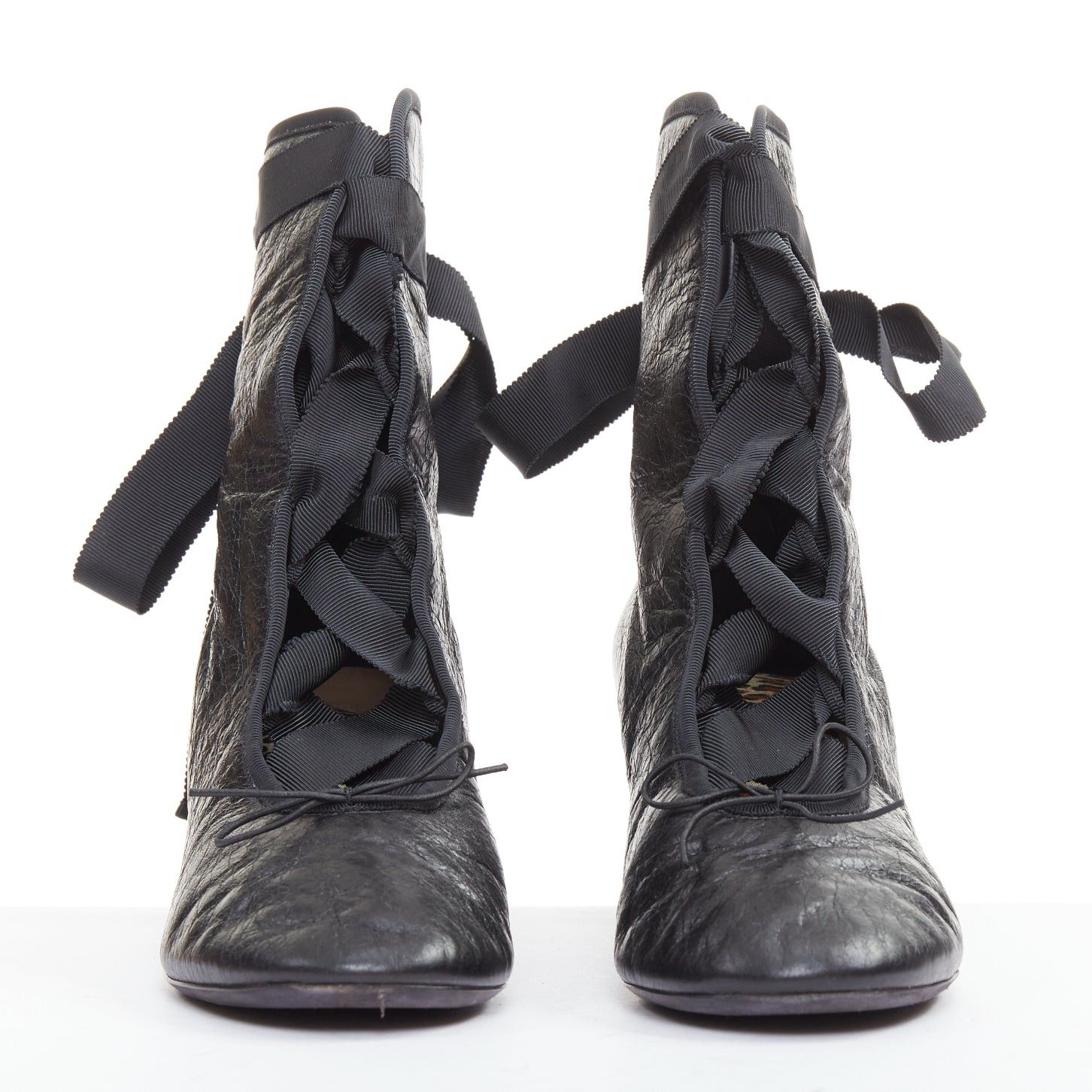 Valentino VALENTINO 2016 Runway black crinkled leather ribbon lace ballet booties EU37.5 Size US 7.5 / IT 37.5 - 3 Thumbnail