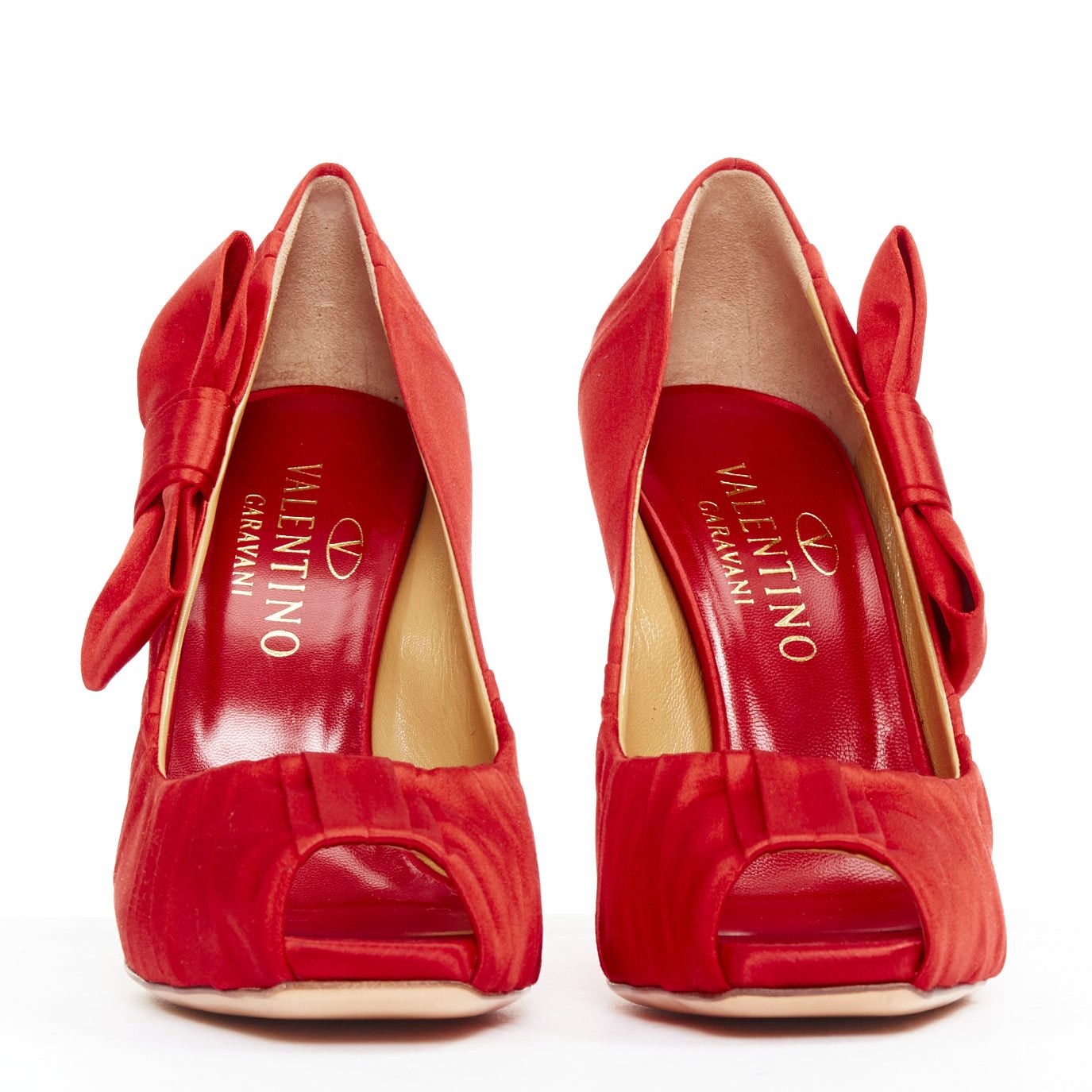 Valentino VALENTINO red pleated satin ribbon bow peep toe stiletto pumps EU37 Size US 7 / IT 37 - 3 Thumbnail