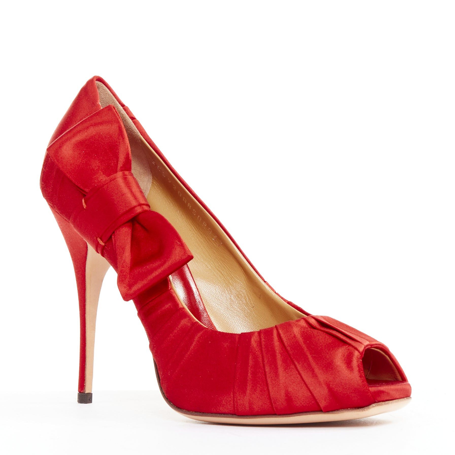 Valentino VALENTINO red pleated satin ribbon bow peep toe stiletto pumps EU37 Size US 7 / IT 37 - 2 Thumbnail