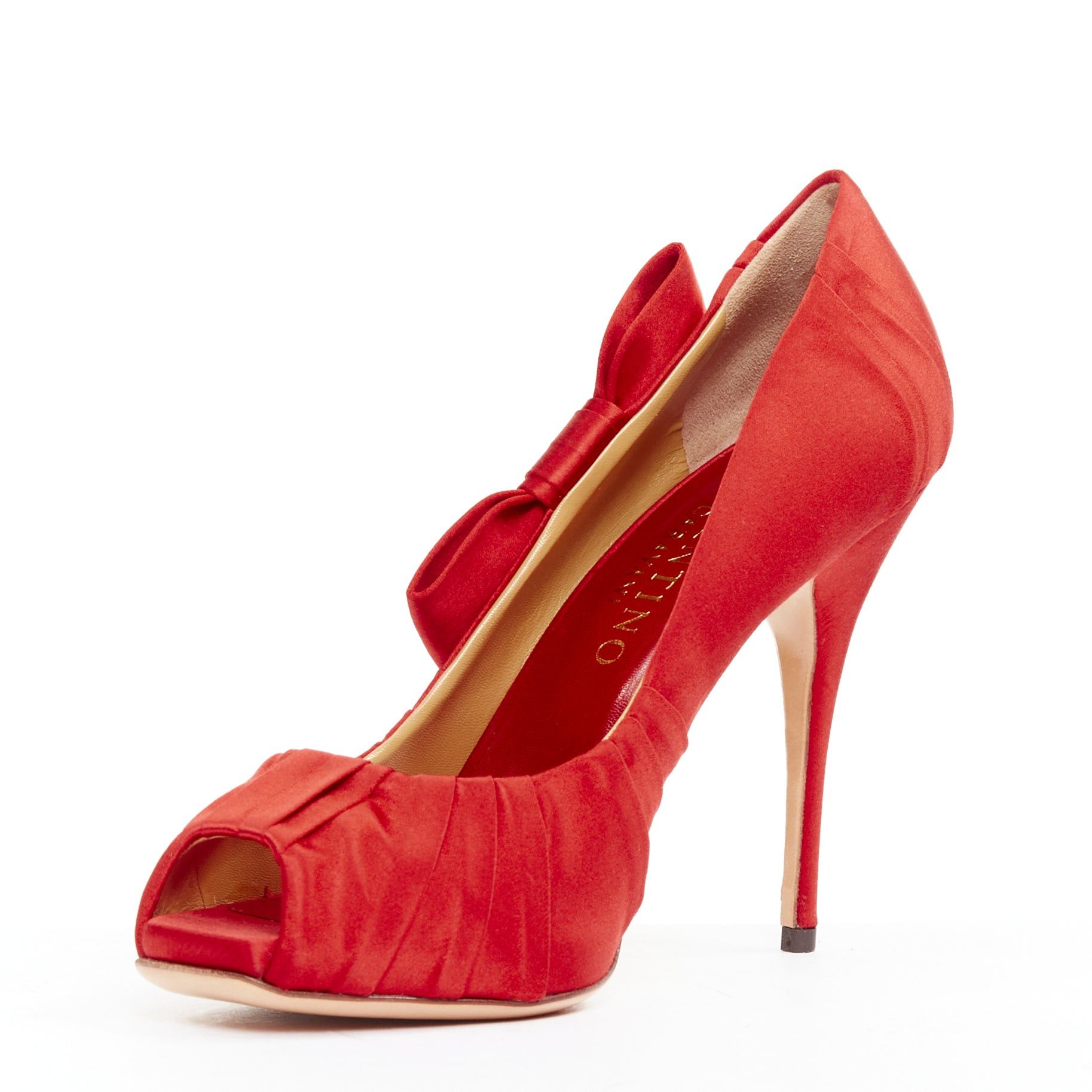 Valentino VALENTINO red pleated satin ribbon bow peep toe stiletto pumps EU37 Size US 7 / IT 37 - 4 Thumbnail